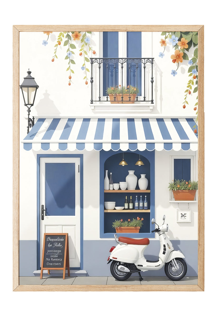 Kafe ve Scooter Poster Beyaz Poster – Ahşap Çerçeveli Tablo