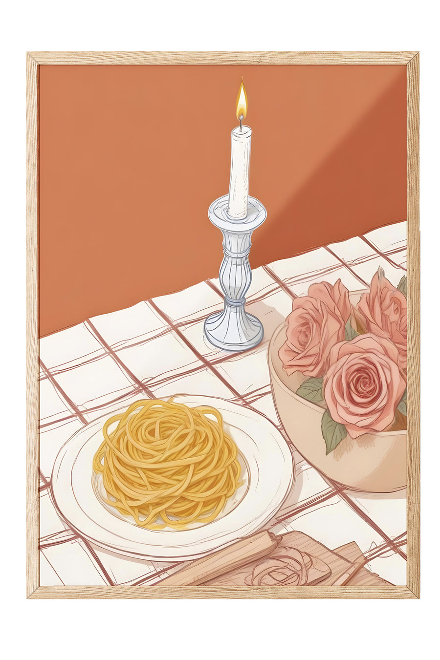 Şamdan ve Spagetti Poster – Ahşap Çerçeveli Tablo