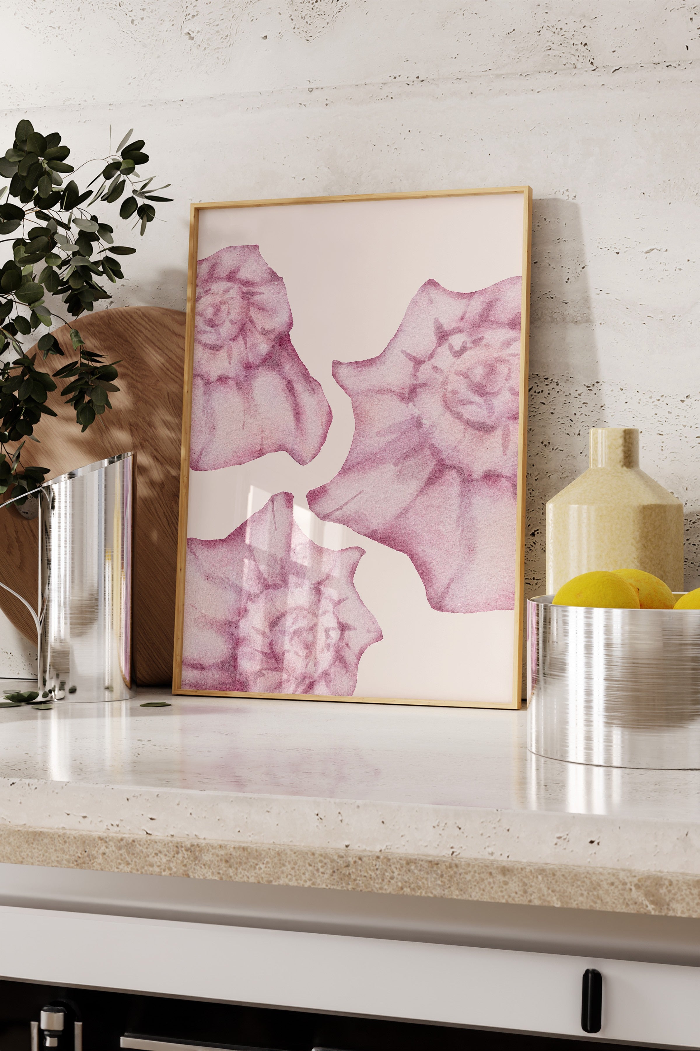 Ahşap Çerçeveli Tablo, Çiçekler, sulu boya, Botanical, Pastel Tonlar, Pembe Renk Poster, 2025 Yaz Seçkisi, NO:109856