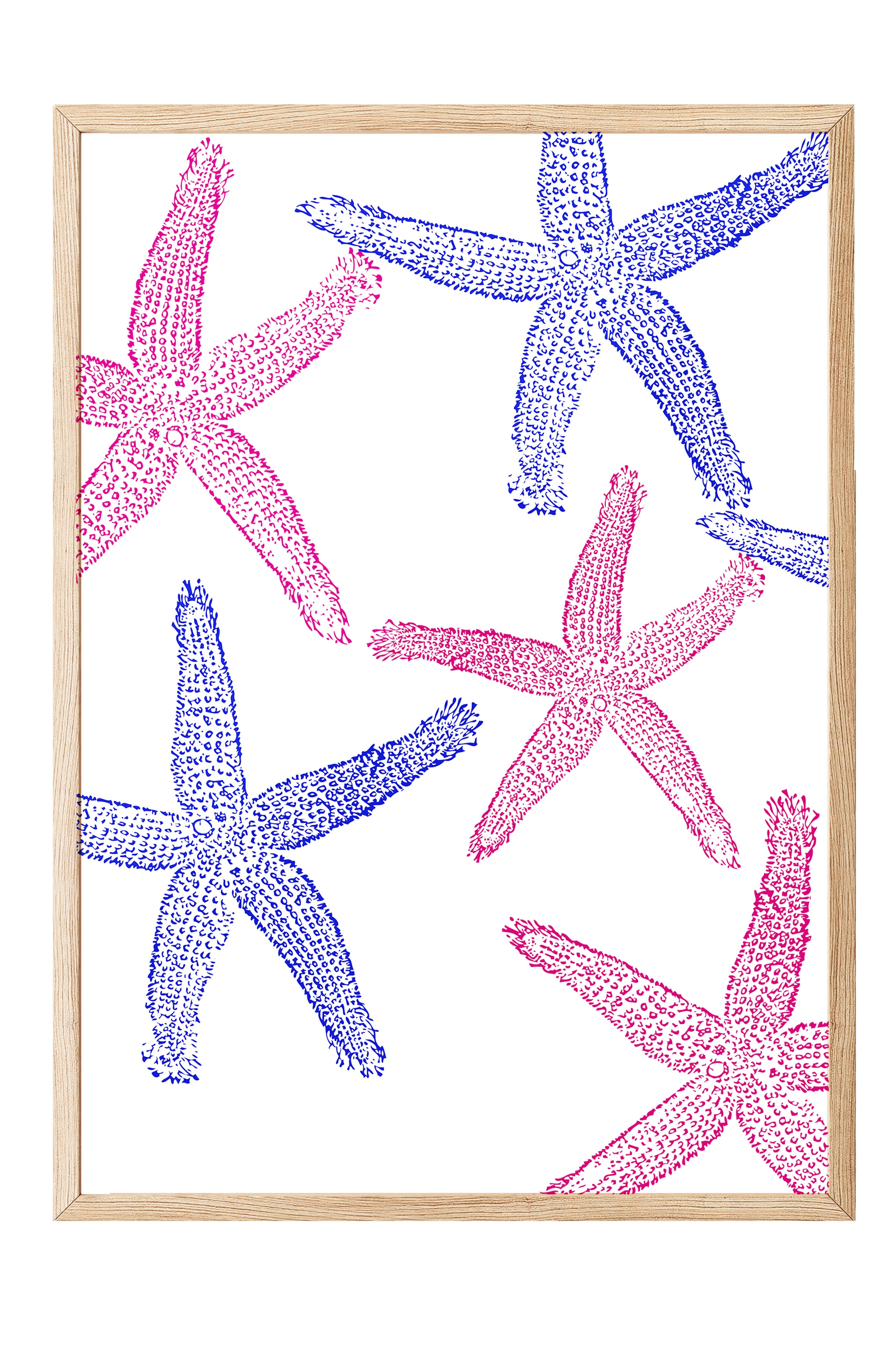 Ahşap Çerçeveli Tablo, Denizyıldızı, Düz İllüstrasyon, Mavi, Pembe Renk Poster, 2025 Yaz Seçkisi, NO:109838