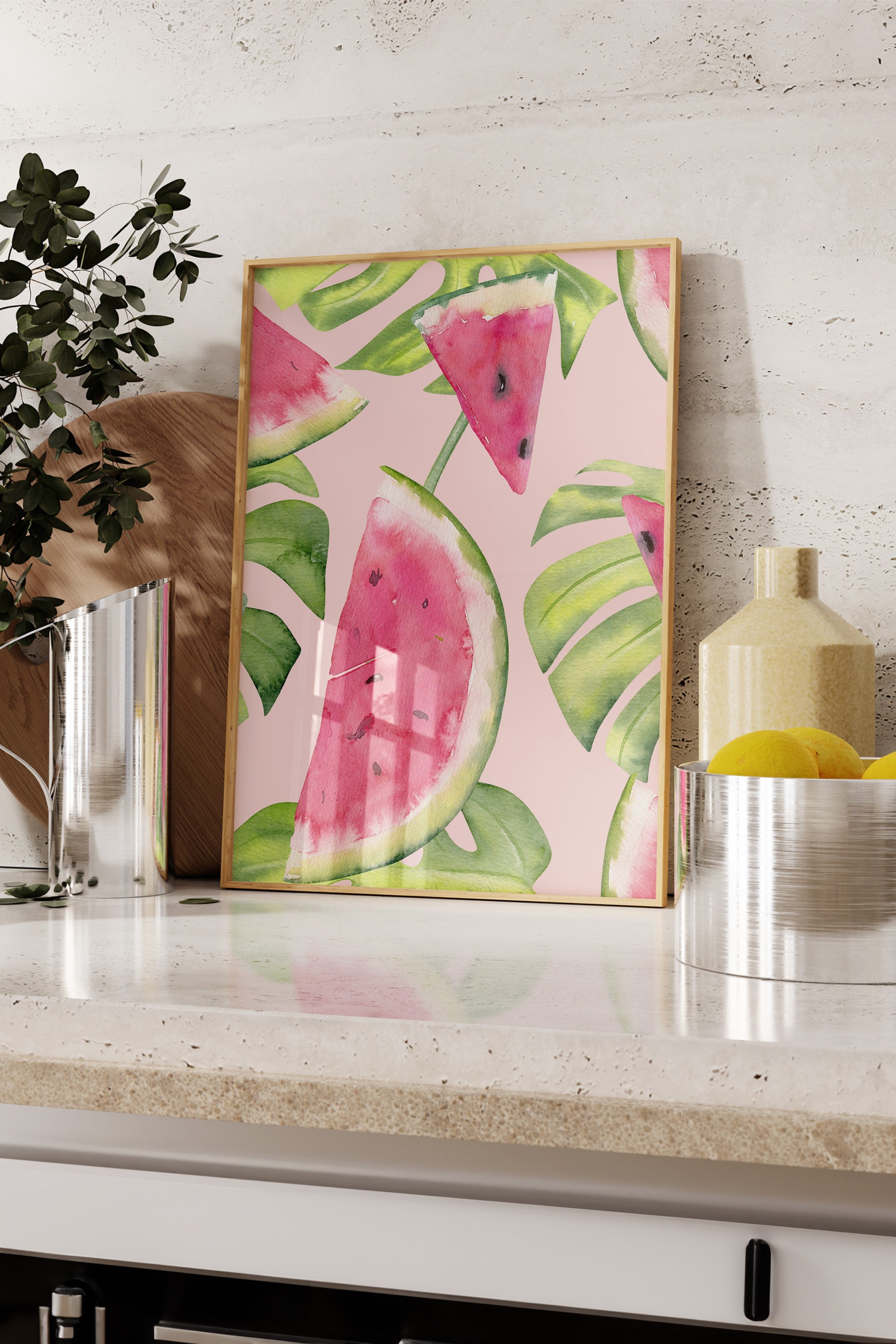 Ahşap Çerçeveli Tablo, Karpuz, Yaprak, Suluboya, Botanik, Pembe, Yeşil Renk Poster, 2025 Yaz Seçkisi, NO:109803