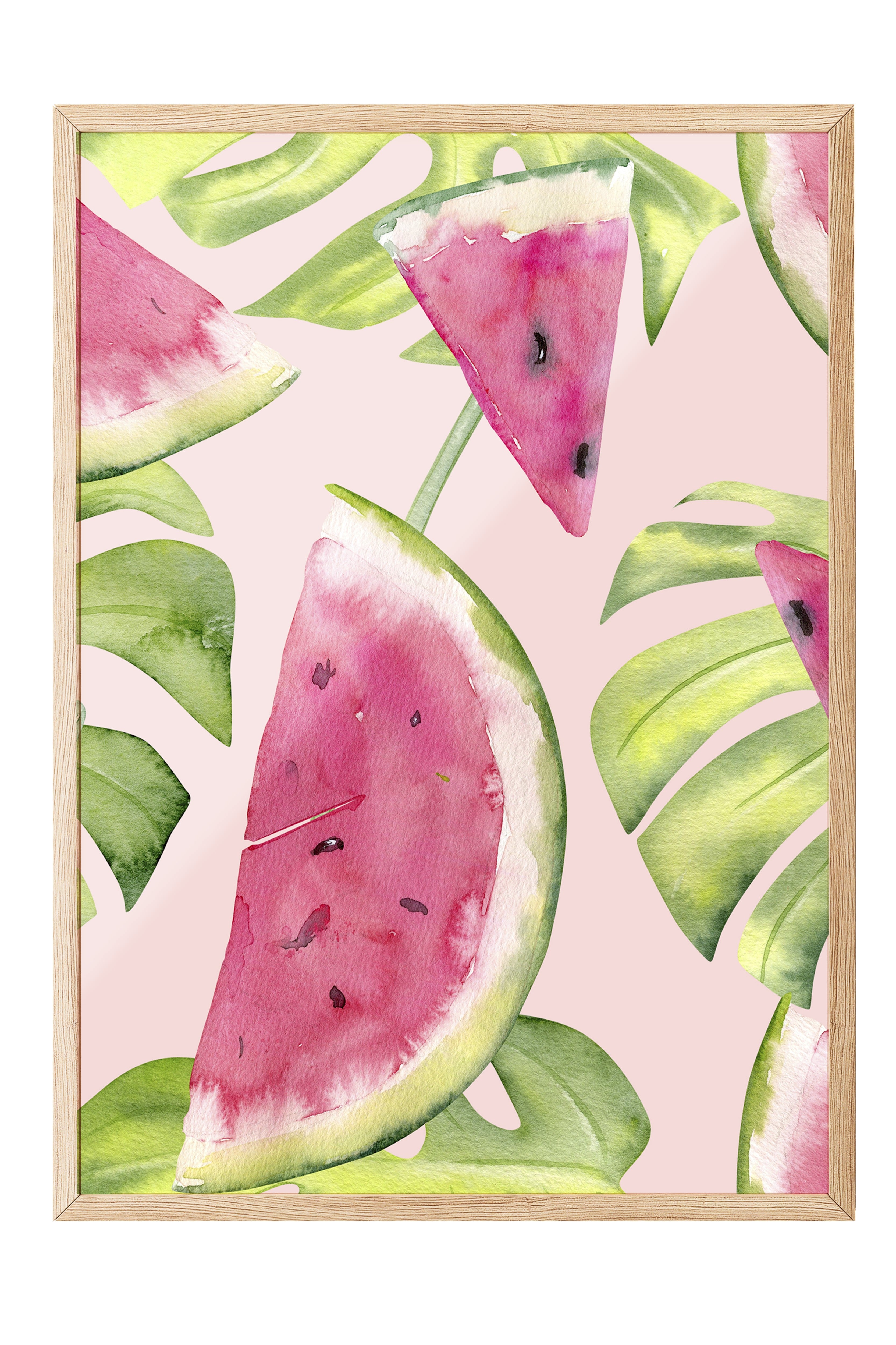 Ahşap Çerçeveli Tablo, Karpuz, Yaprak, Suluboya, Botanik, Pembe, Yeşil Renk Poster, 2025 Yaz Seçkisi, NO:109803