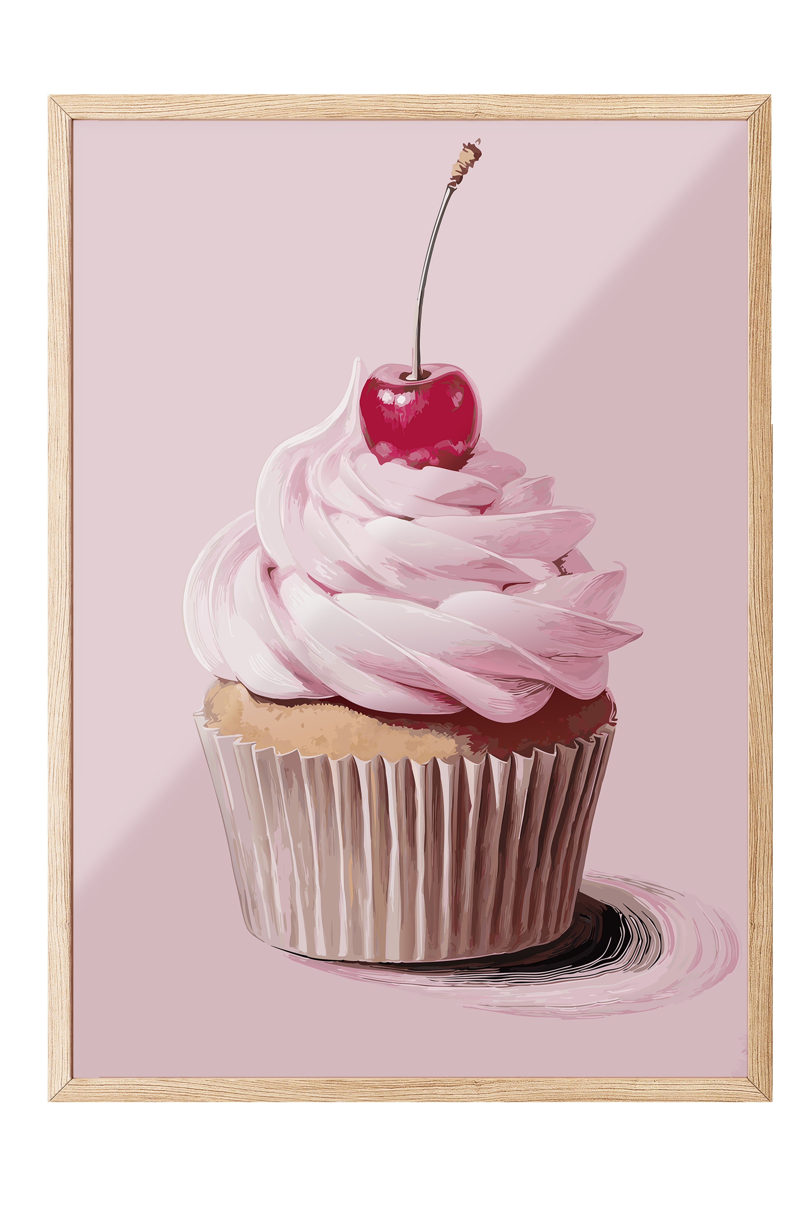 Ahşap Çerçeveli Tablo, Kek, Kiraz, illüstrasyon, Pembe, Pastel Tonlar Renk Poster, 2025 Yaz Seçkisi, NO:109868