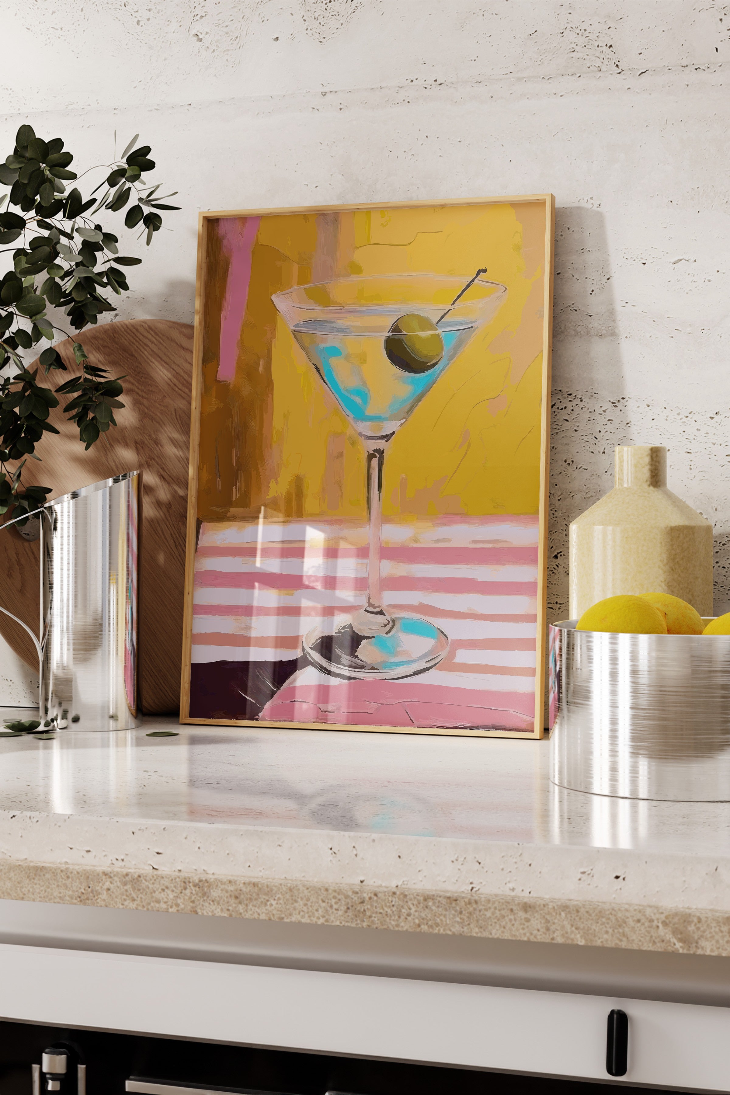 Ahşap Çerçeveli Tablo, Martini bardağı, Zeytin, Masa örtüsü, Acrylic Painting, Sarı, Pembe Renk Poster, 2025 Yaz Seçkisi, NO:109867