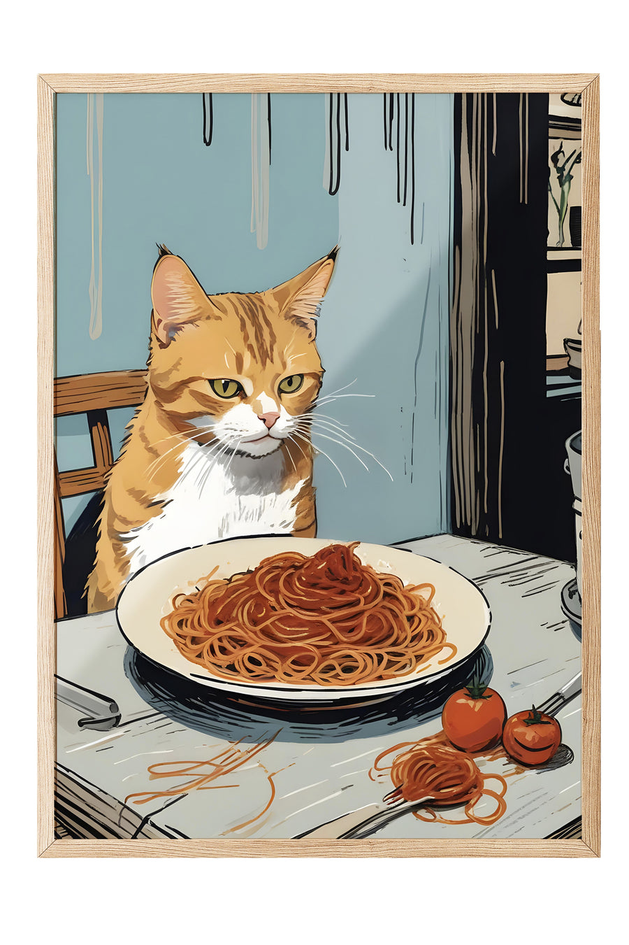 Kedi ve Spagetti Poster – Ahşap Çerçeveli Tablo