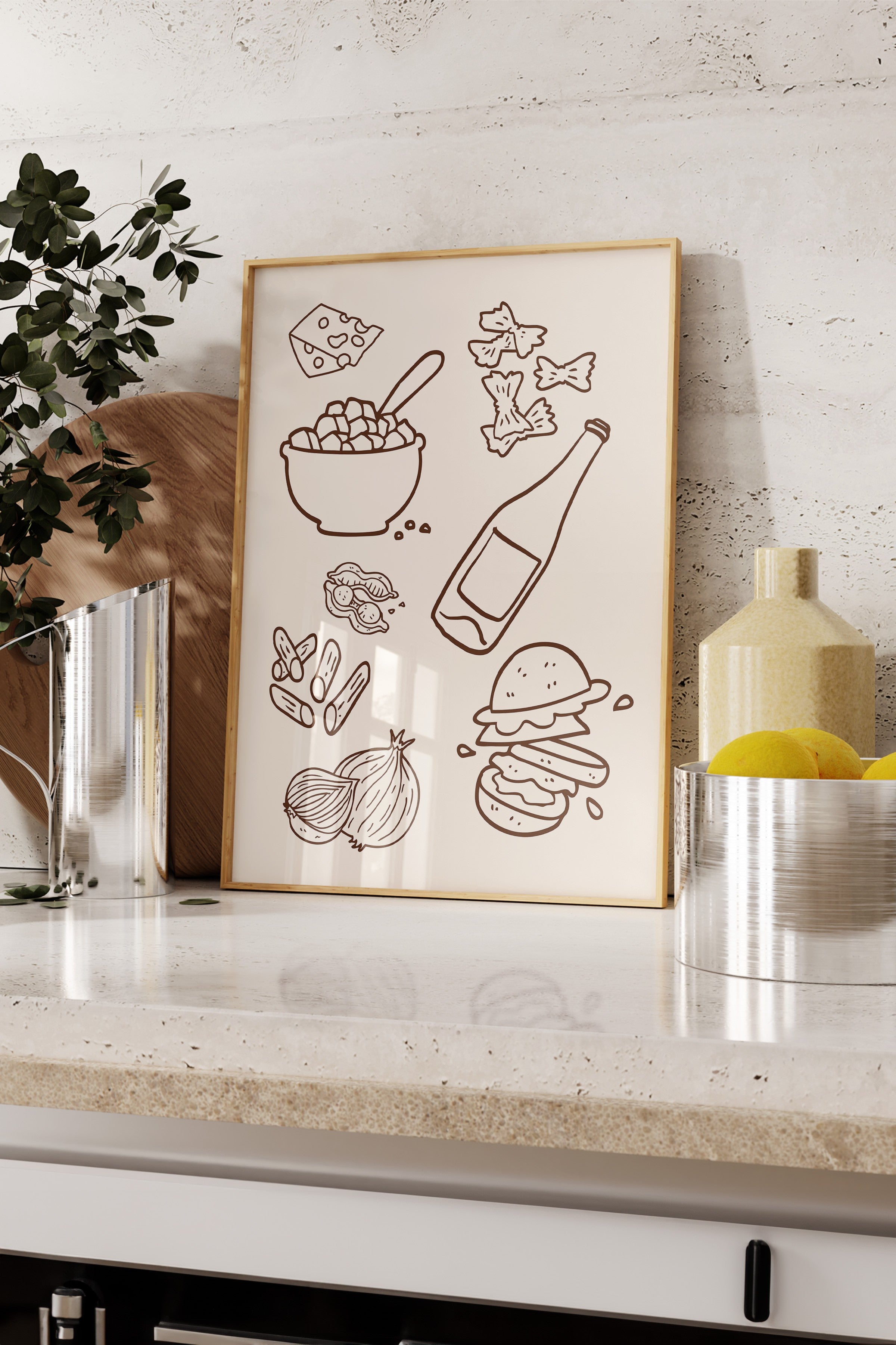 Ahşap Çerçeveli Tablo, Peynir, Şişe, Burger, illüstrasyon, Minimalist, Kahverengi, Bej Renk Poster, 2025 Yaz Seçkisi, NO:109806