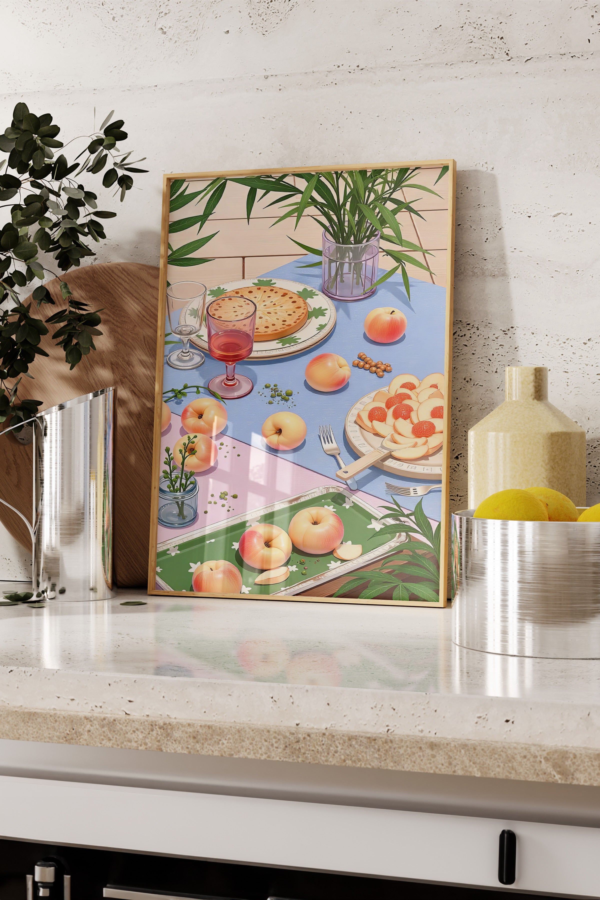 Ahşap Çerçeveli Tablo, Piknik, İllüstrasyon, Maximalist, sarı Renk Poster, 2025 Yaz Seçkisi, NO:109781