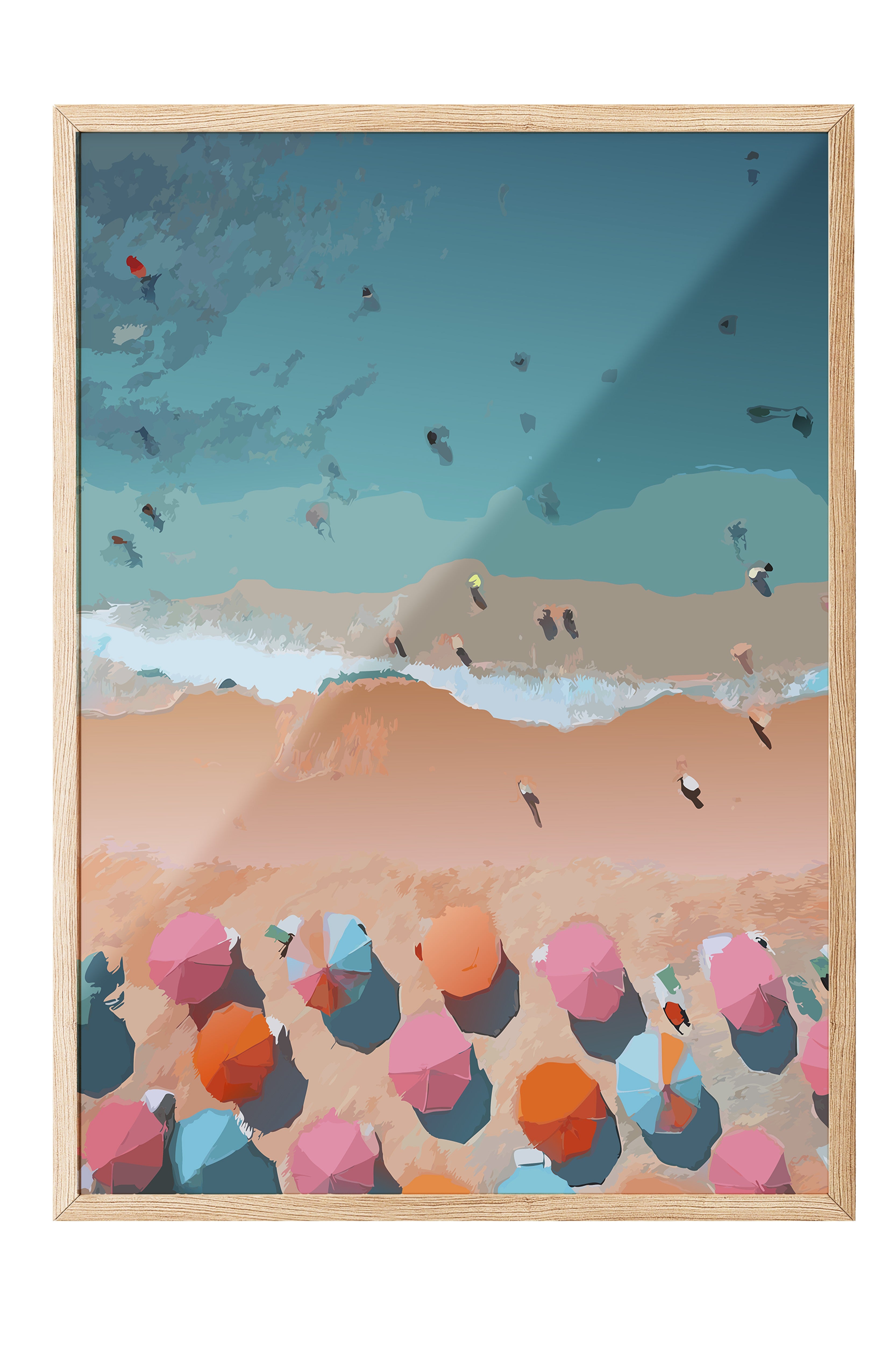 Ahşap Çerçeveli Tablo, Plaj, Şemsiyeler, Okyanus, illüstrasyon, Contemporary, Çok renkli, Mavi Renk Poster, 2025 Yaz Seçkisi, NO:109865