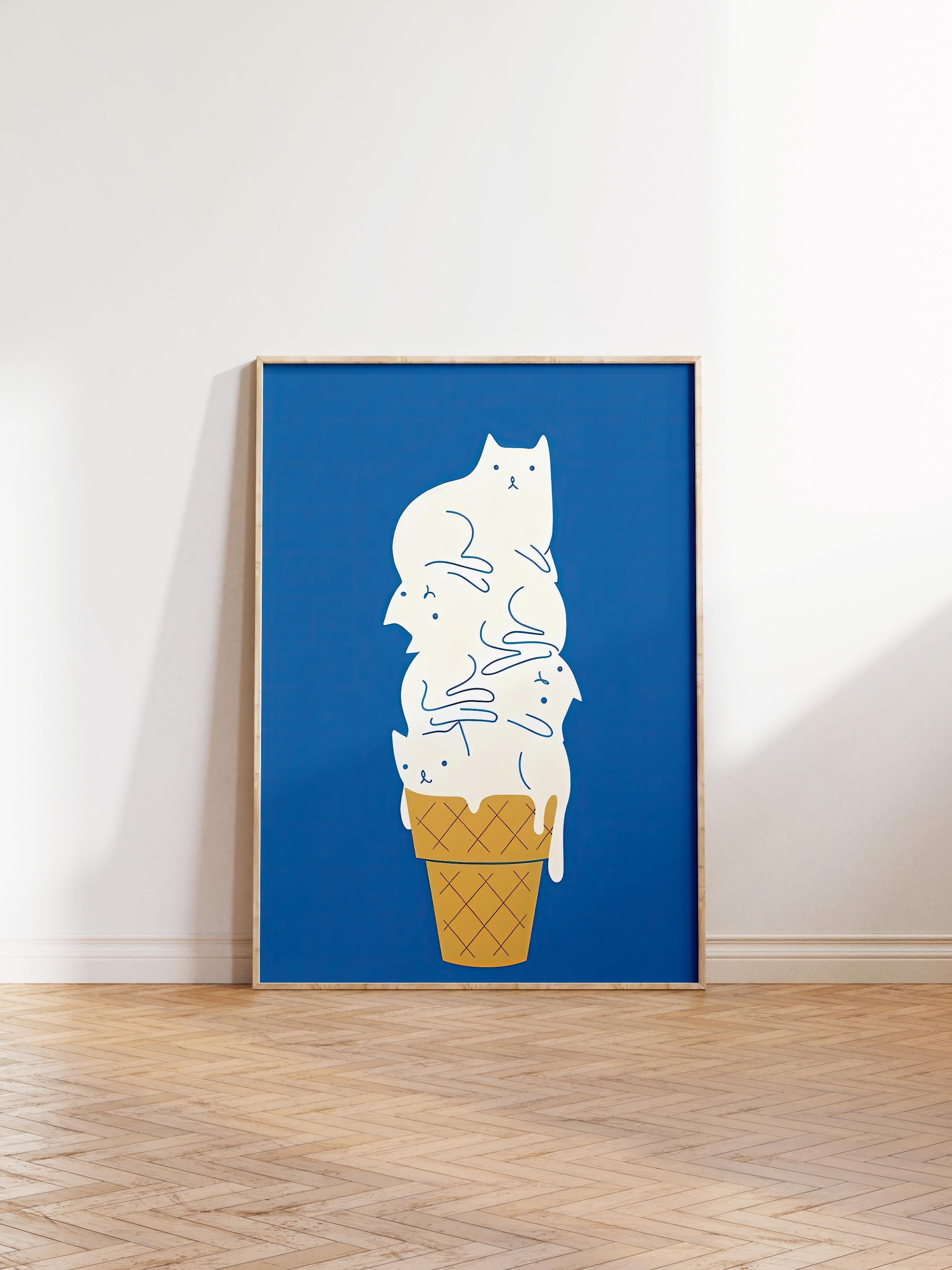 Ahşap Çerçeveli Tablo, Poster ve Çerçeve Seti, Cats Ice Cream Comfort Serisi NO:108731