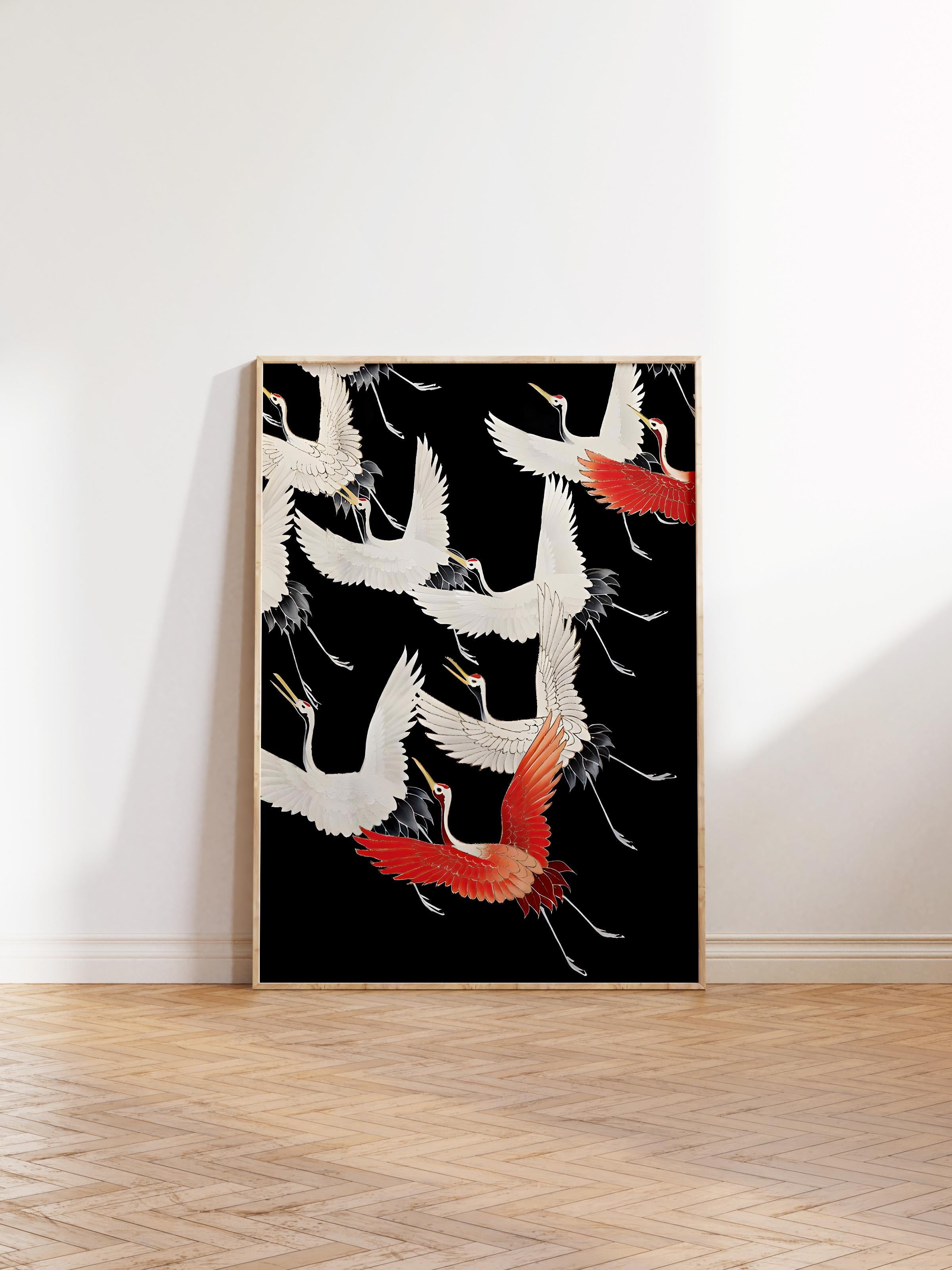 Ahşap Çerçeveli Tablo, Poster ve Çerçeve Seti, Crane Birds Black Comfort Serisi NO:108724