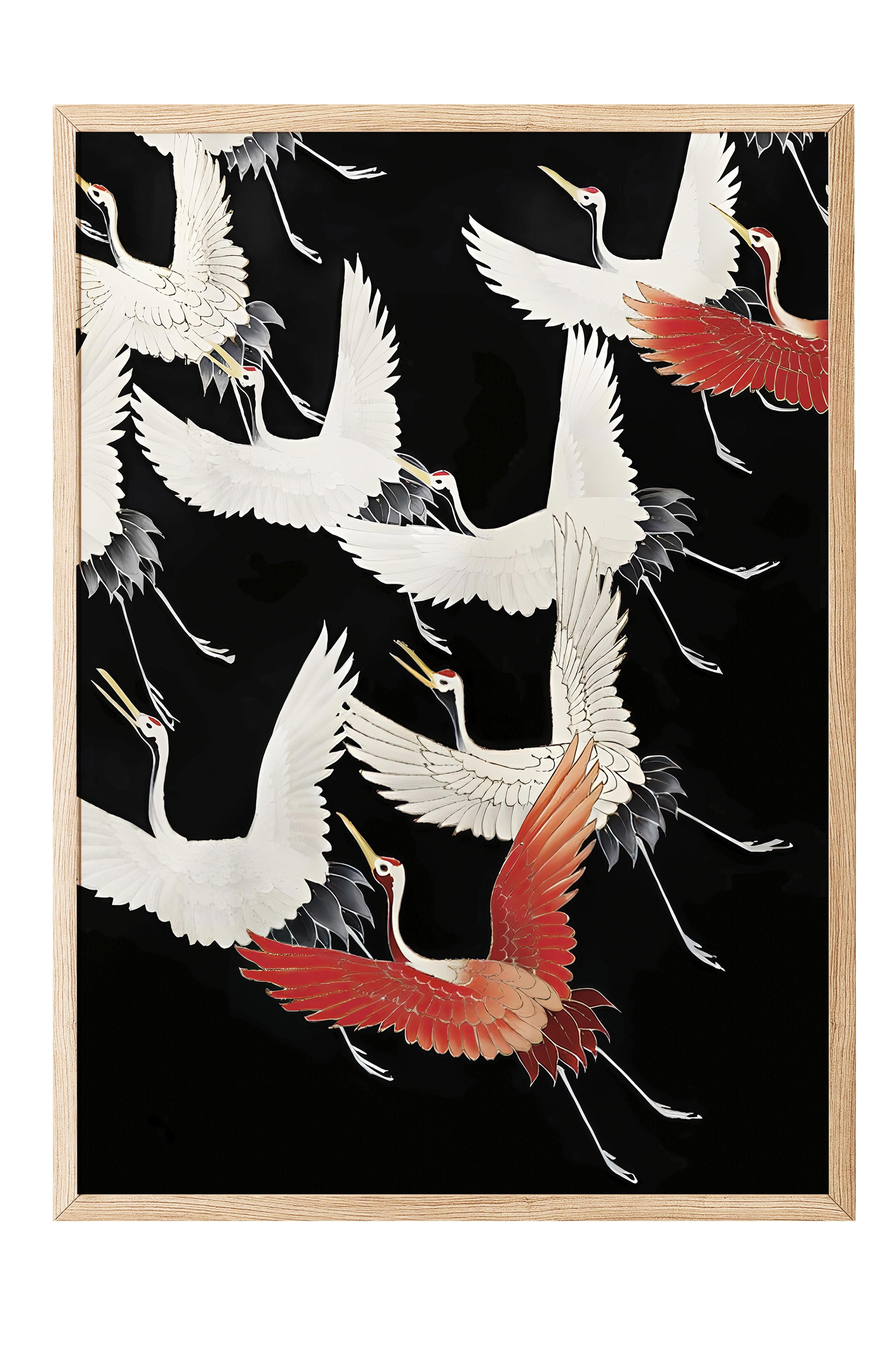 Ahşap Çerçeveli Tablo, Poster ve Çerçeve Seti, Crane Birds Black Comfort Serisi NO:108724