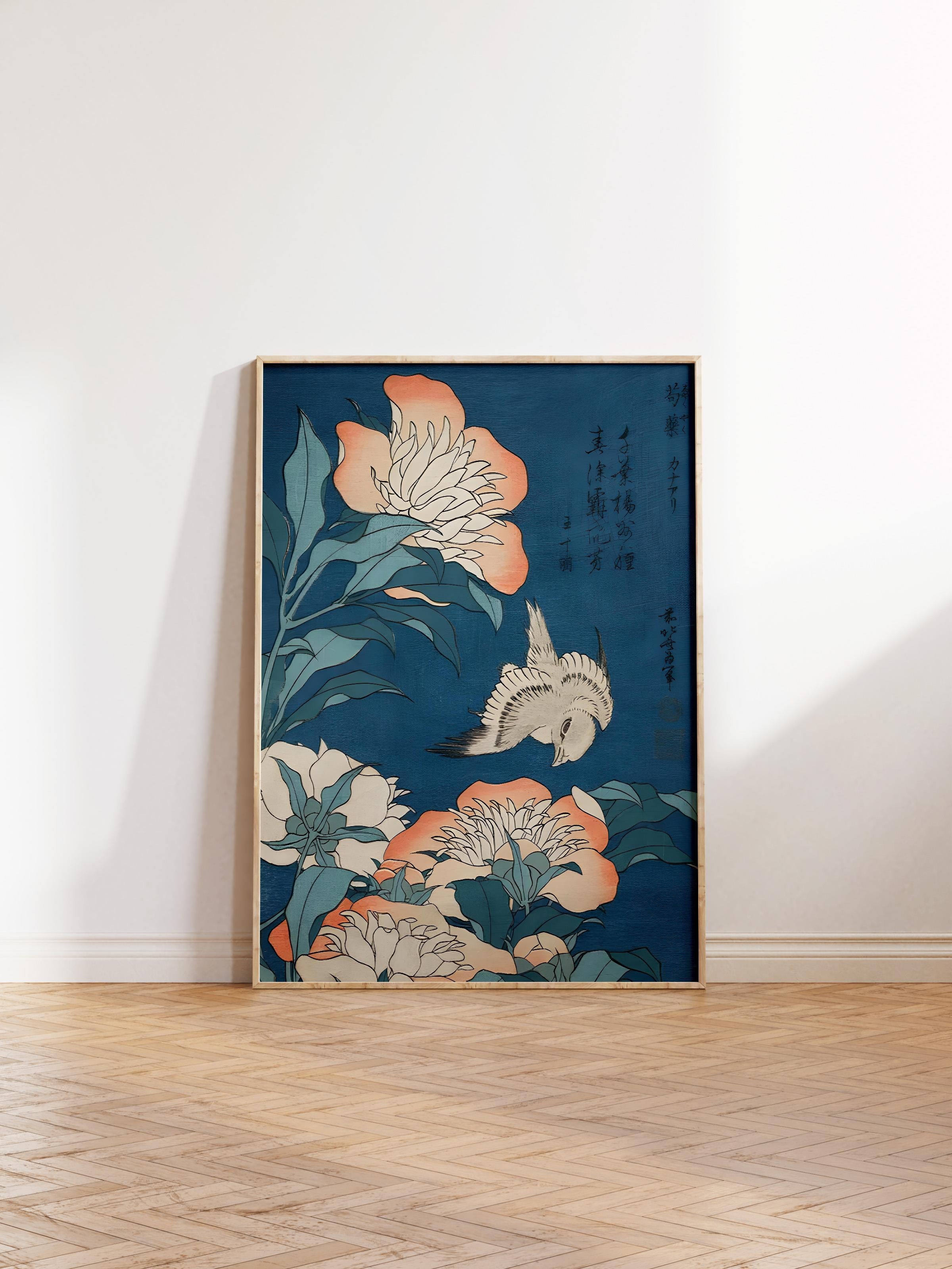 Ahşap Çerçeveli Tablo, Poster ve Çerçeve Seti, Hokusai - Peonies And Canary Comfort Serisi NO:108694