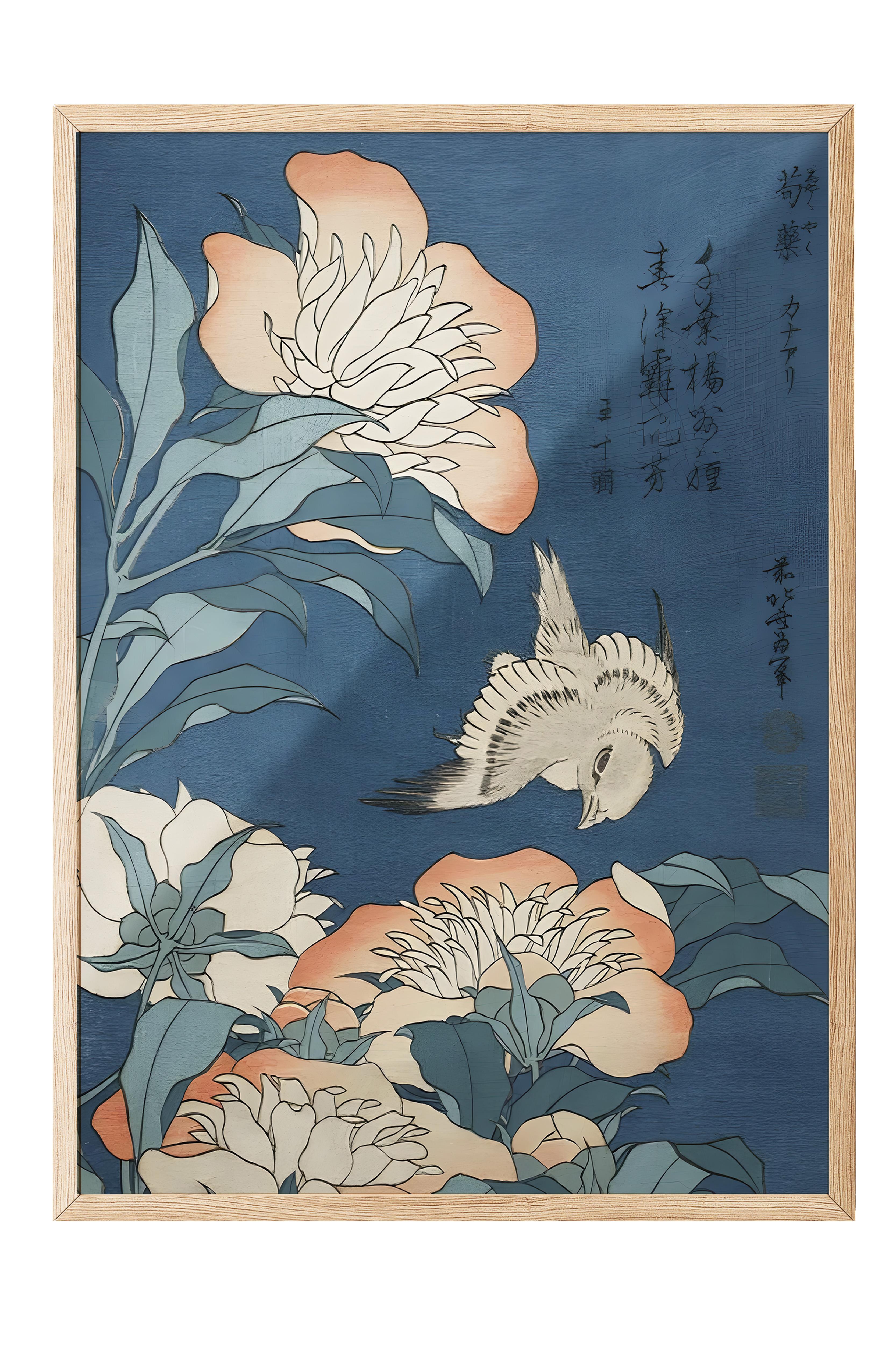 Ahşap Çerçeveli Tablo, Poster ve Çerçeve Seti, Hokusai - Peonies And Canary Comfort Serisi NO:108694