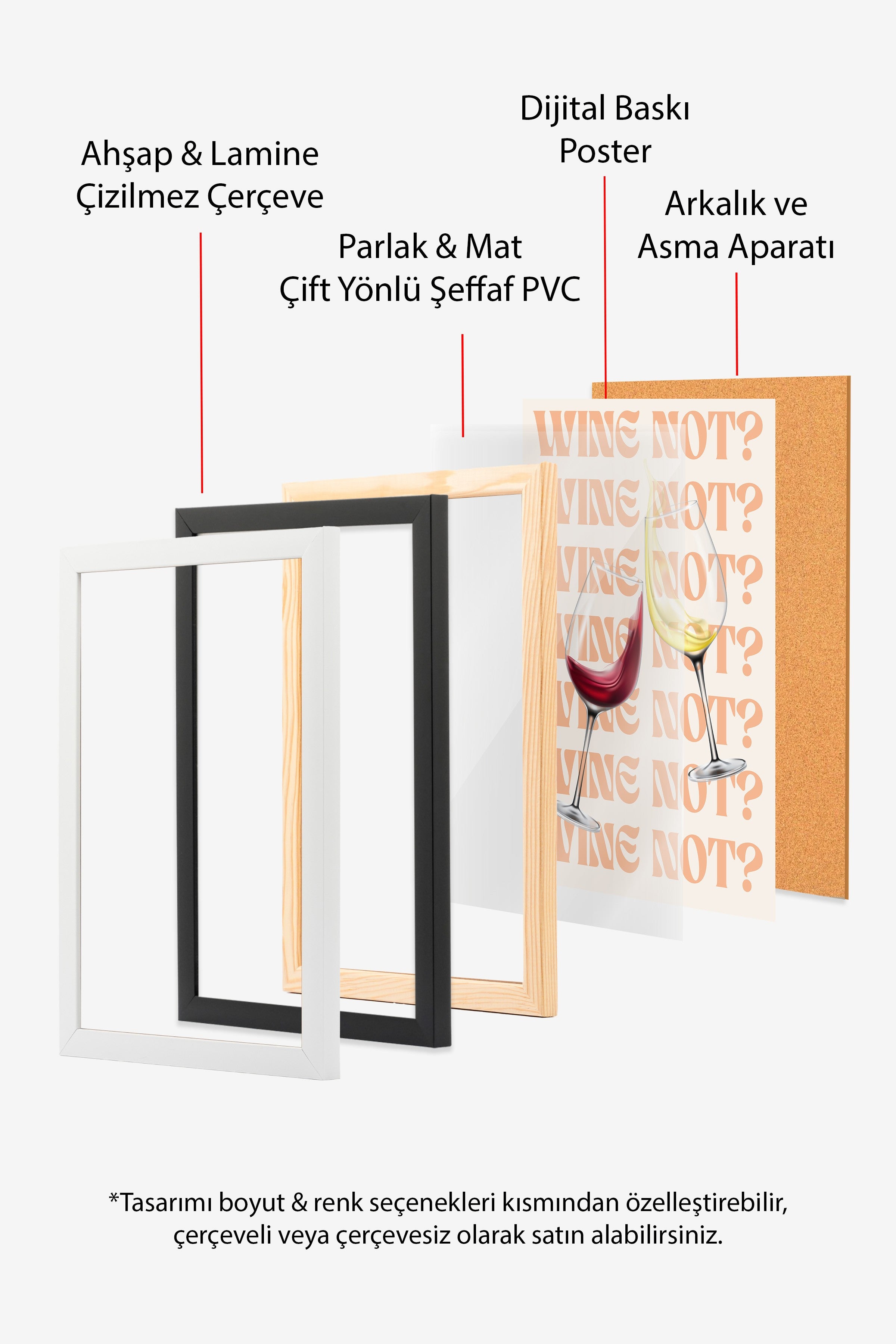 Ahşap Çerçeveli Tablo, Şarap Kadehi, Dijital Resim, Minimalist, Kırmızı, Bej Renk Poster, 2025 Yaz Seçkisi, NO:109804