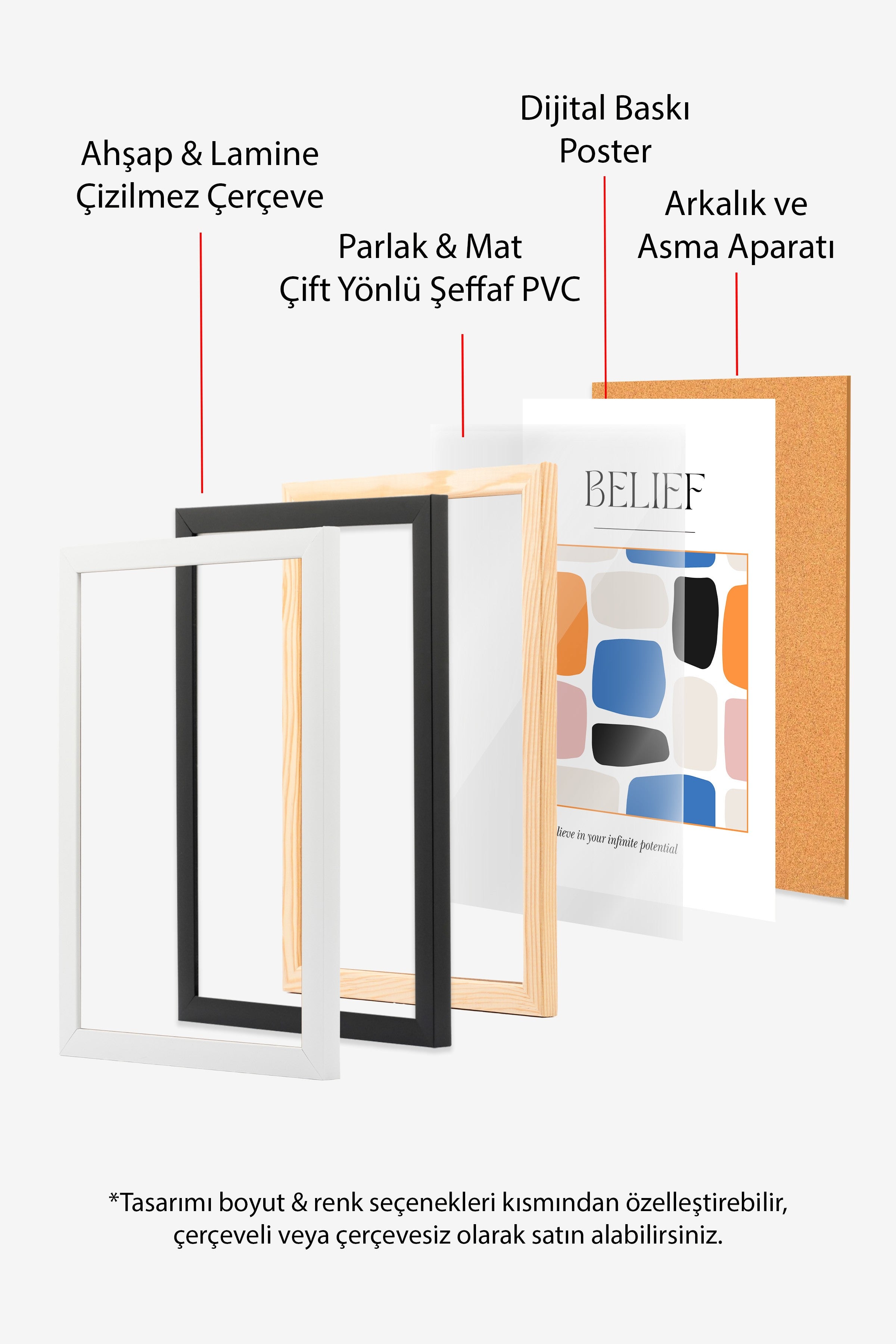 Ahşap Çerçeveli Tablo, Şekiller,, Minimalist, illüstrasyon, Çok renkli, Bej Renk Poster, 2025 Yaz Seçkisi, NO:109846