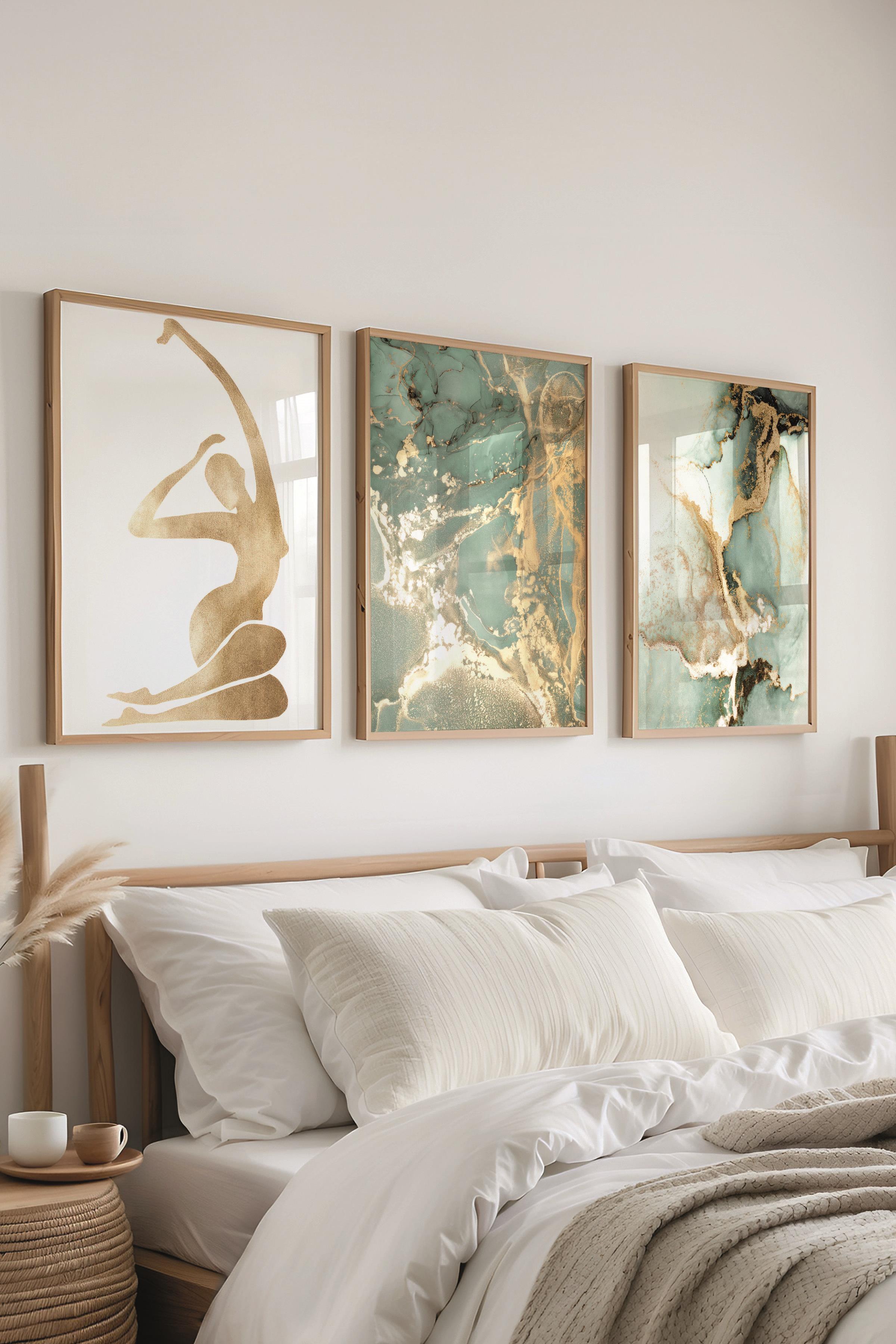 Ahşap Çerçeveli Tablo Seti, Altın ve Mavi Duvar Tablosu, 3 Adet Poster Seti, No:300737