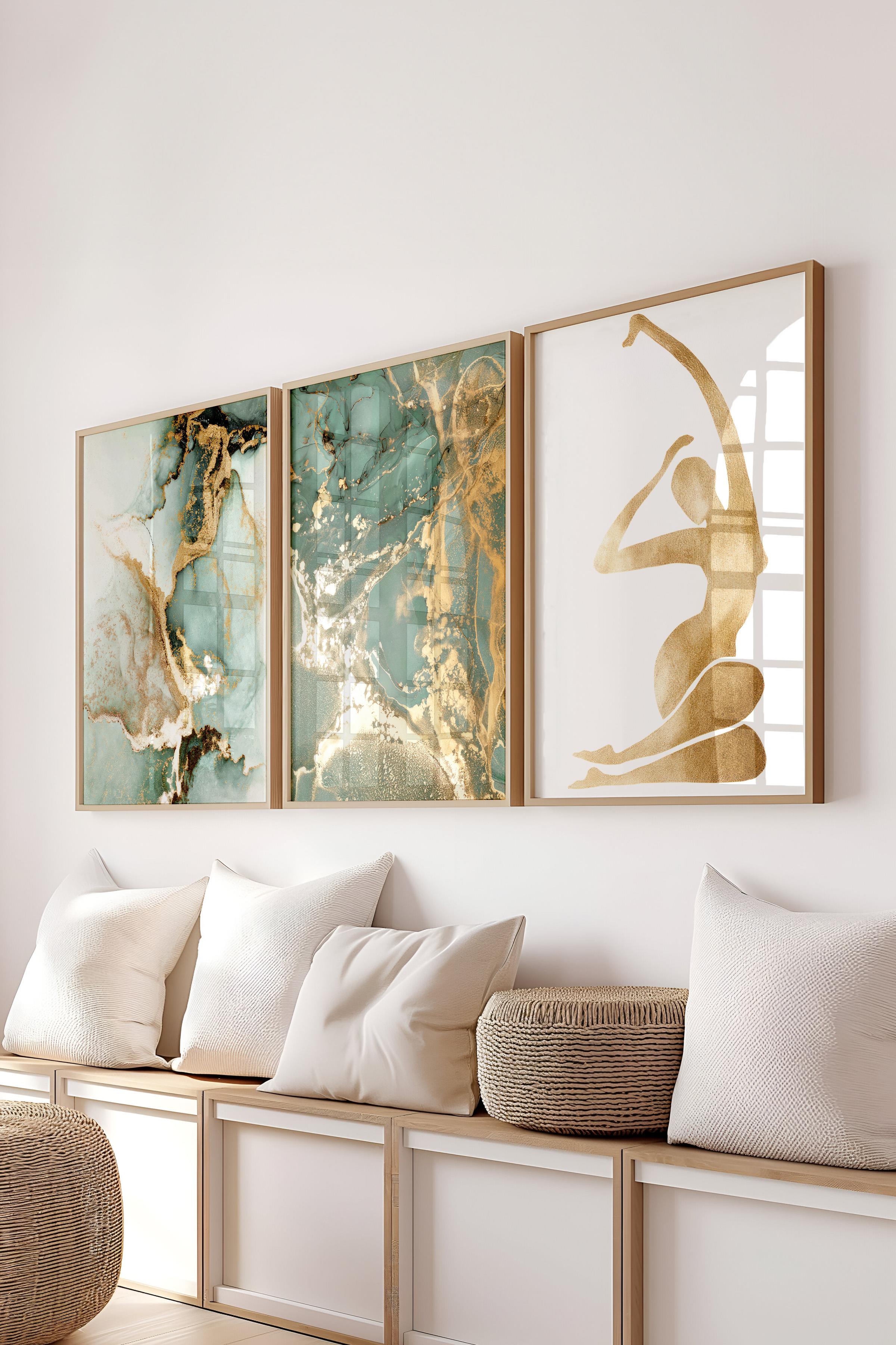 Ahşap Çerçeveli Tablo Seti, Altın ve Mavi Duvar Tablosu, 3 Adet Poster Seti, No:300737