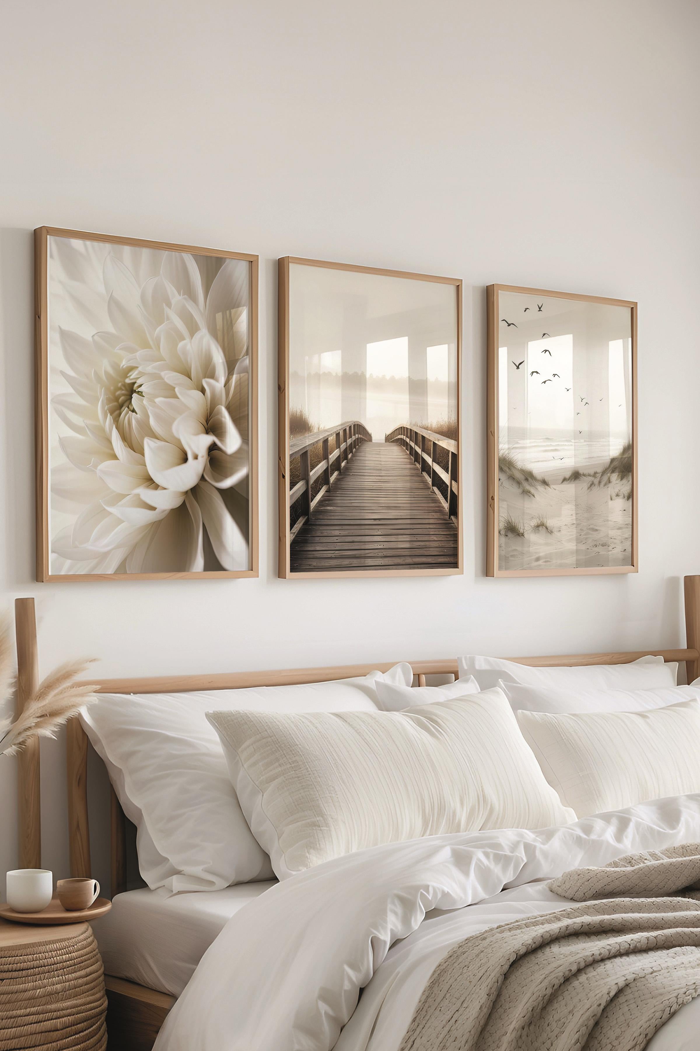 Ahşap Çerçeveli Tablo Seti, Bej Duvar Tablosu, 3 Adet Poster Seti, No:300693