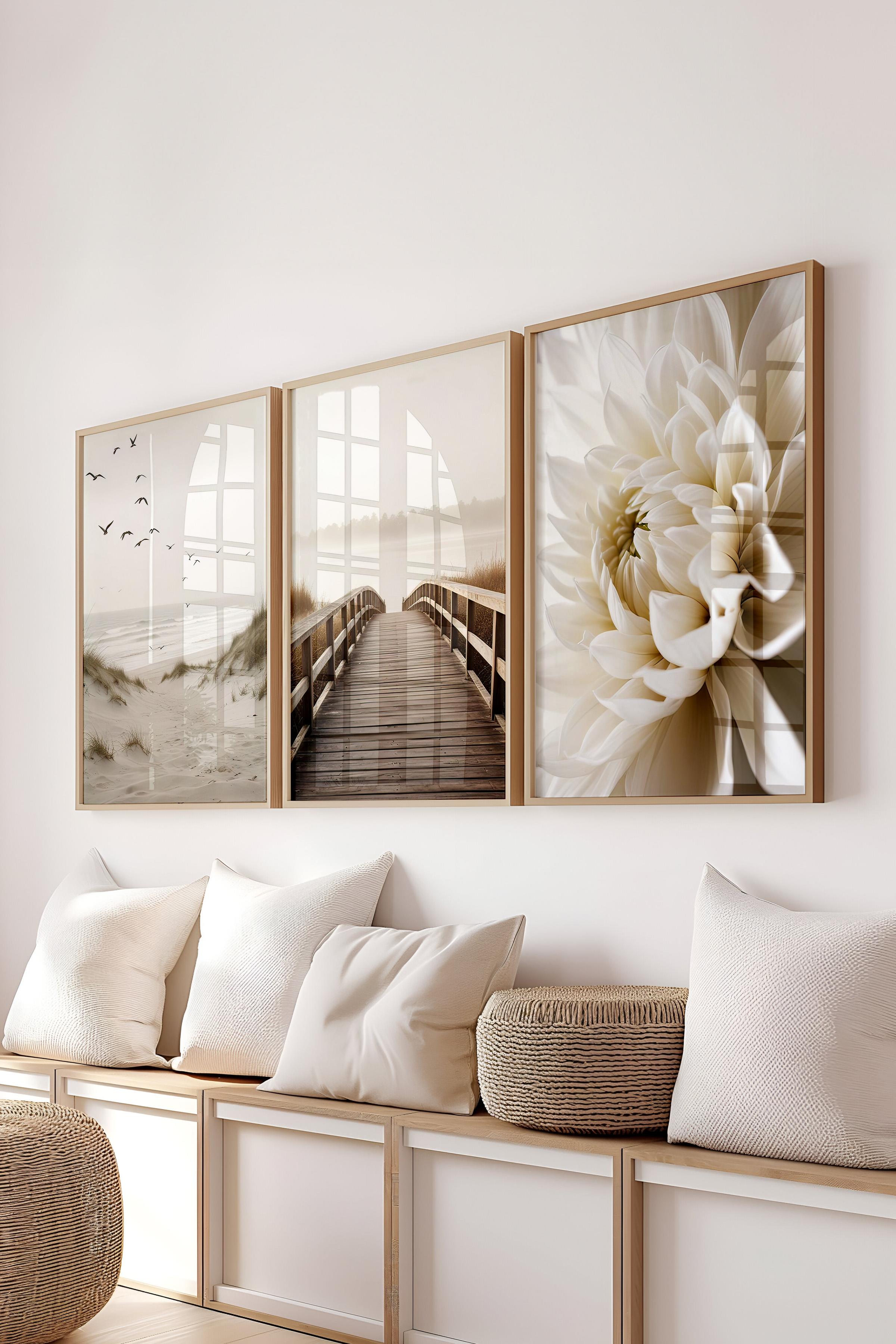 Ahşap Çerçeveli Tablo Seti, Bej Duvar Tablosu, 3 Adet Poster Seti, No:300693