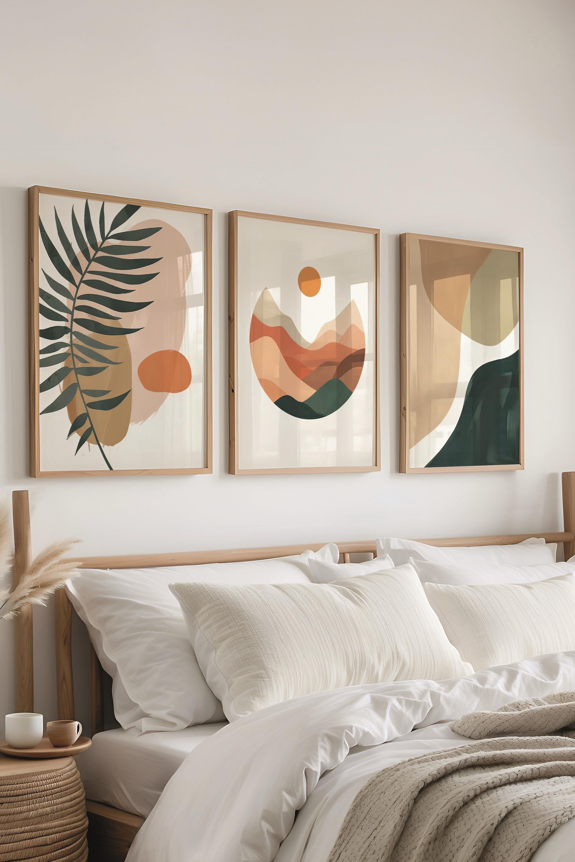 Ahşap Çerçeveli Tablo Seti, Boho Soft Temalı Duvar Tablosu, 3 Adet Poster Seti, No:300699