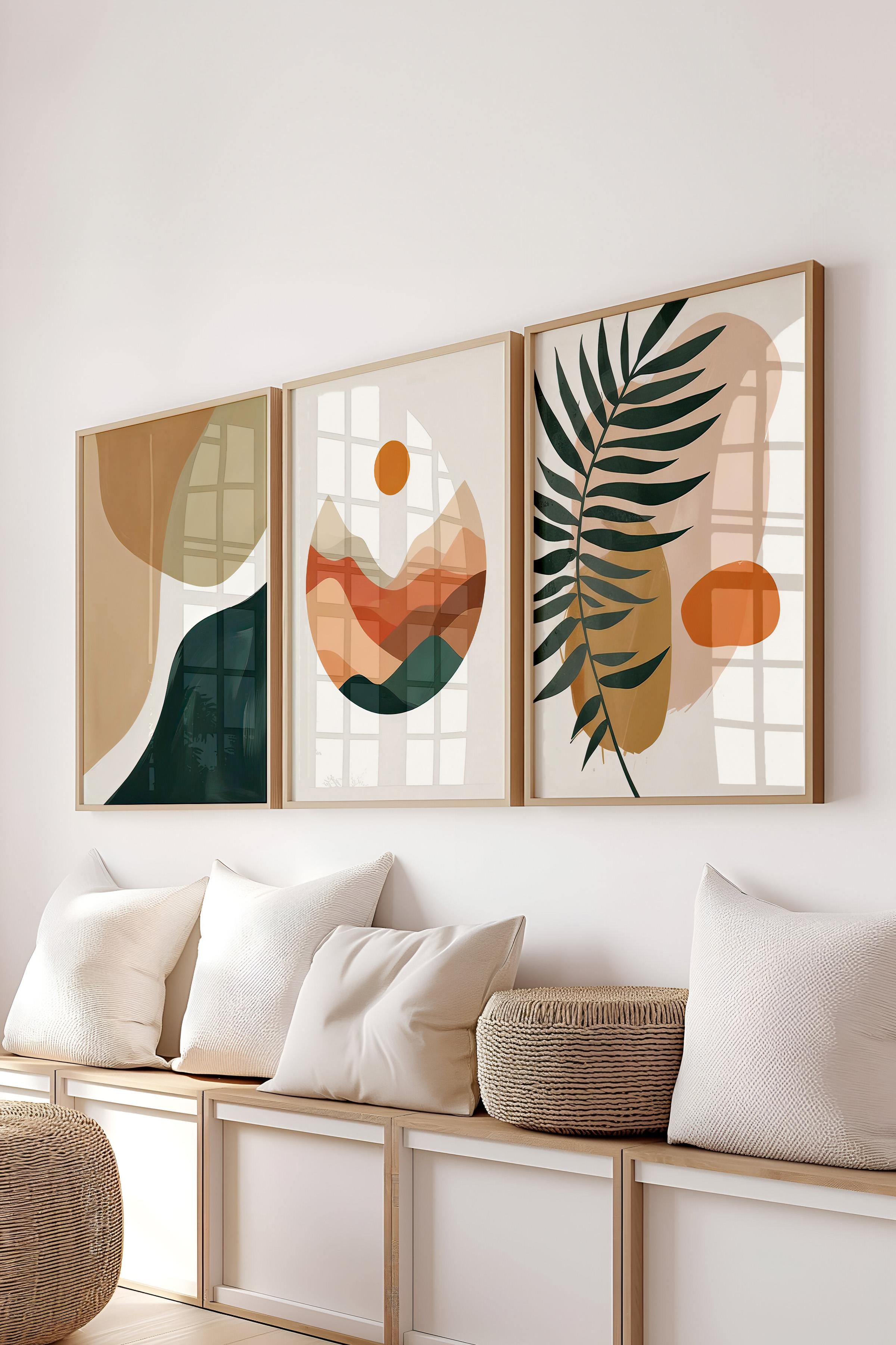 Ahşap Çerçeveli Tablo Seti, Boho Soft Temalı Duvar Tablosu, 3 Adet Poster Seti, No:300699