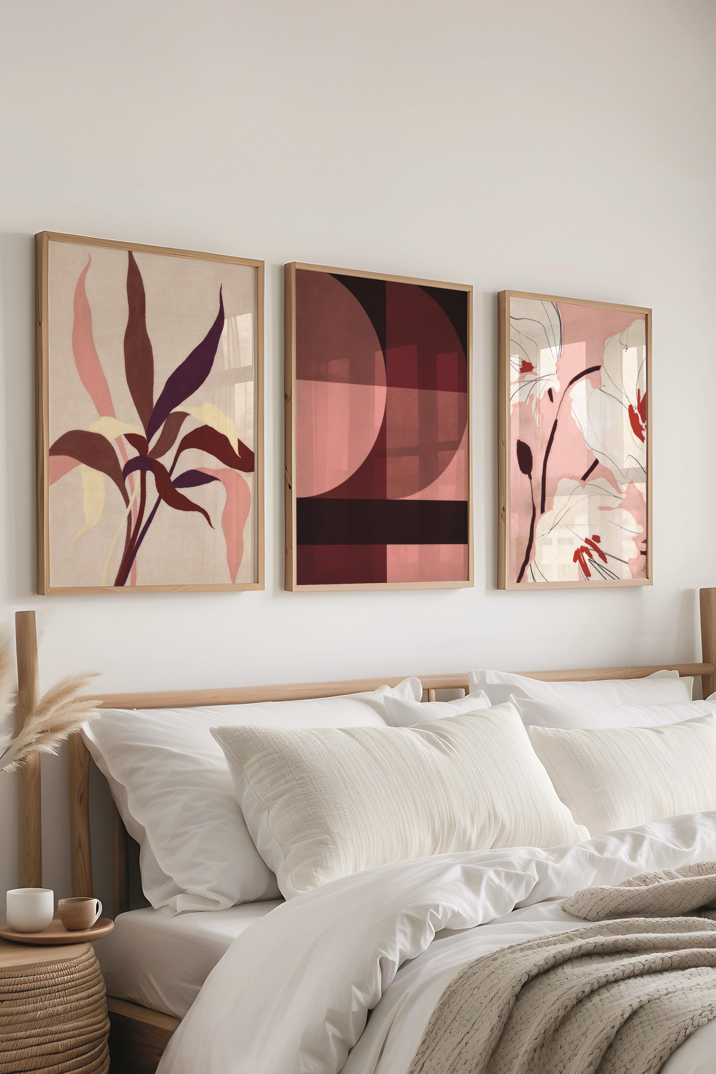 Ahşap Çerçeveli Tablo Seti, Bordo Boho Duvar Tablosu, 3 Adet Poster Seti, No:300765