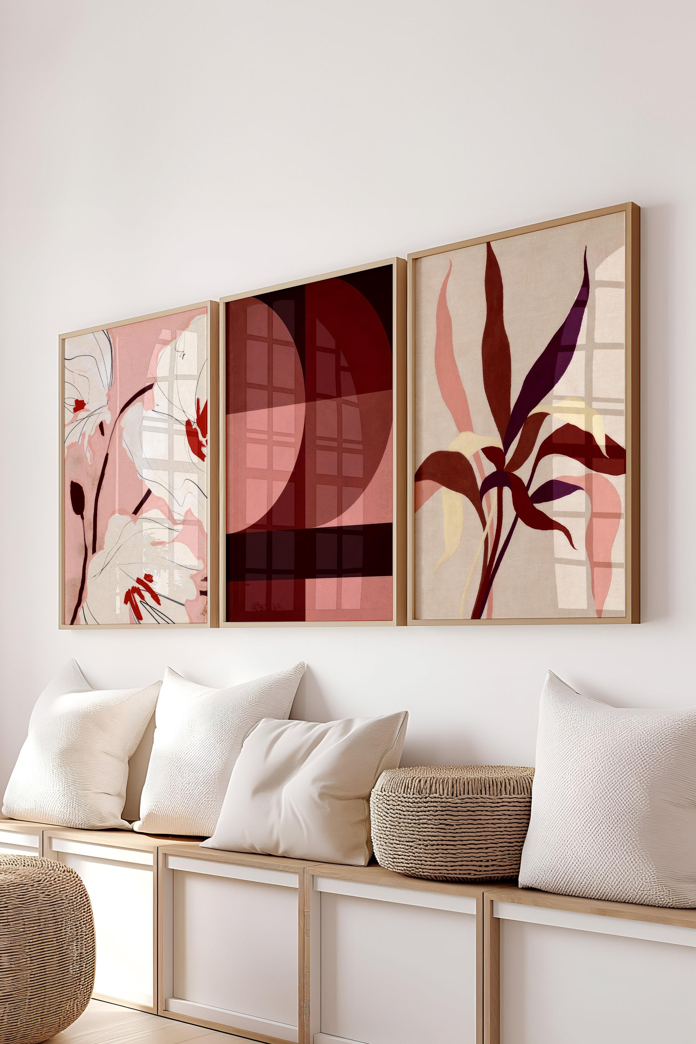 Ahşap Çerçeveli Tablo Seti, Bordo Boho Duvar Tablosu, 3 Adet Poster Seti, No:300765