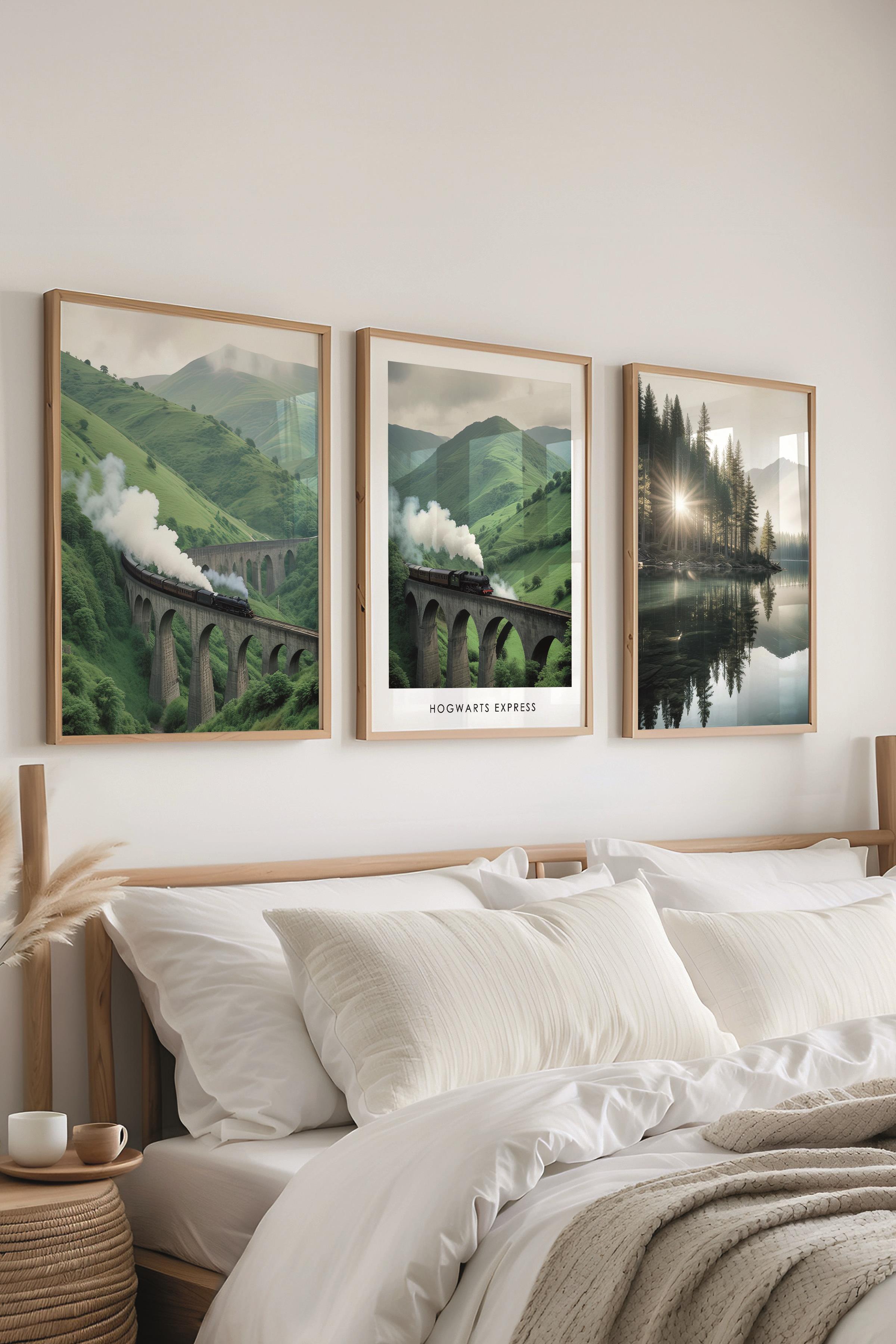 Ahşap Çerçeveli Tablo Seti, Büyücü Okulu Duvar Tablosu, 3 Adet Poster Seti, No:300685