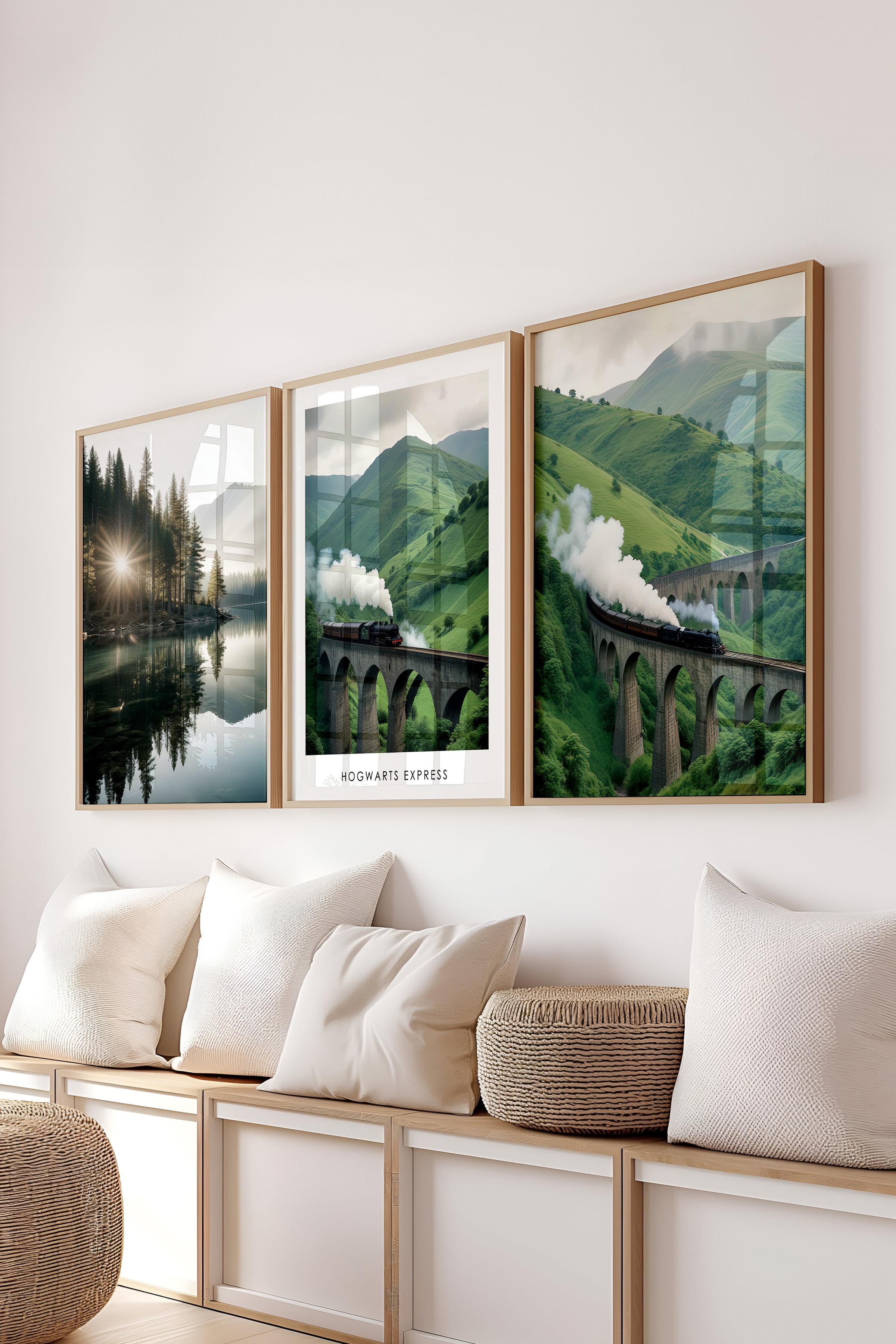 Ahşap Çerçeveli Tablo Seti, Büyücü Okulu Duvar Tablosu, 3 Adet Poster Seti, No:300685