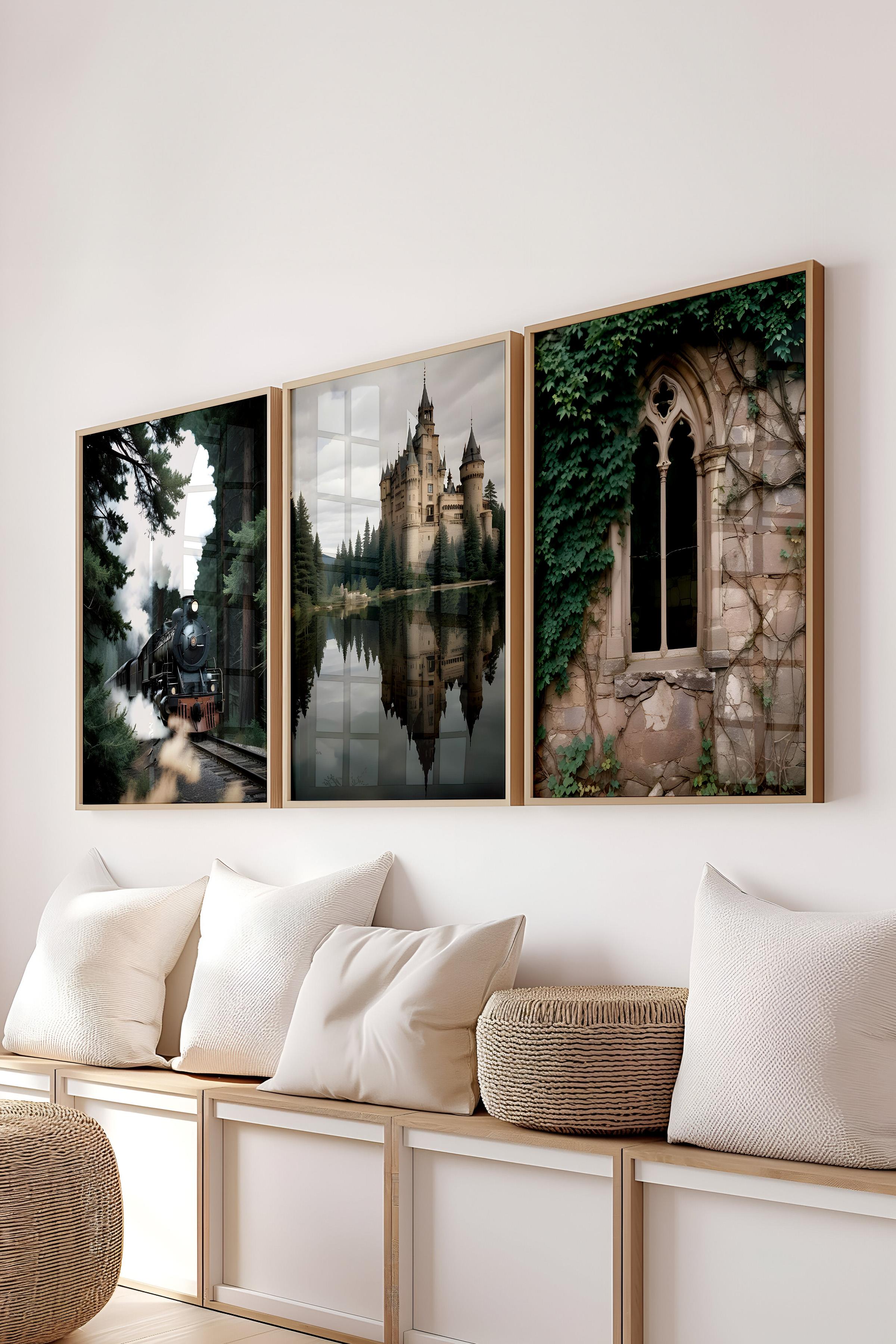 Ahşap Çerçeveli Tablo Seti, Büyücü Okulu Duvar Tablosu, 3 Adet Poster Seti, No:300751