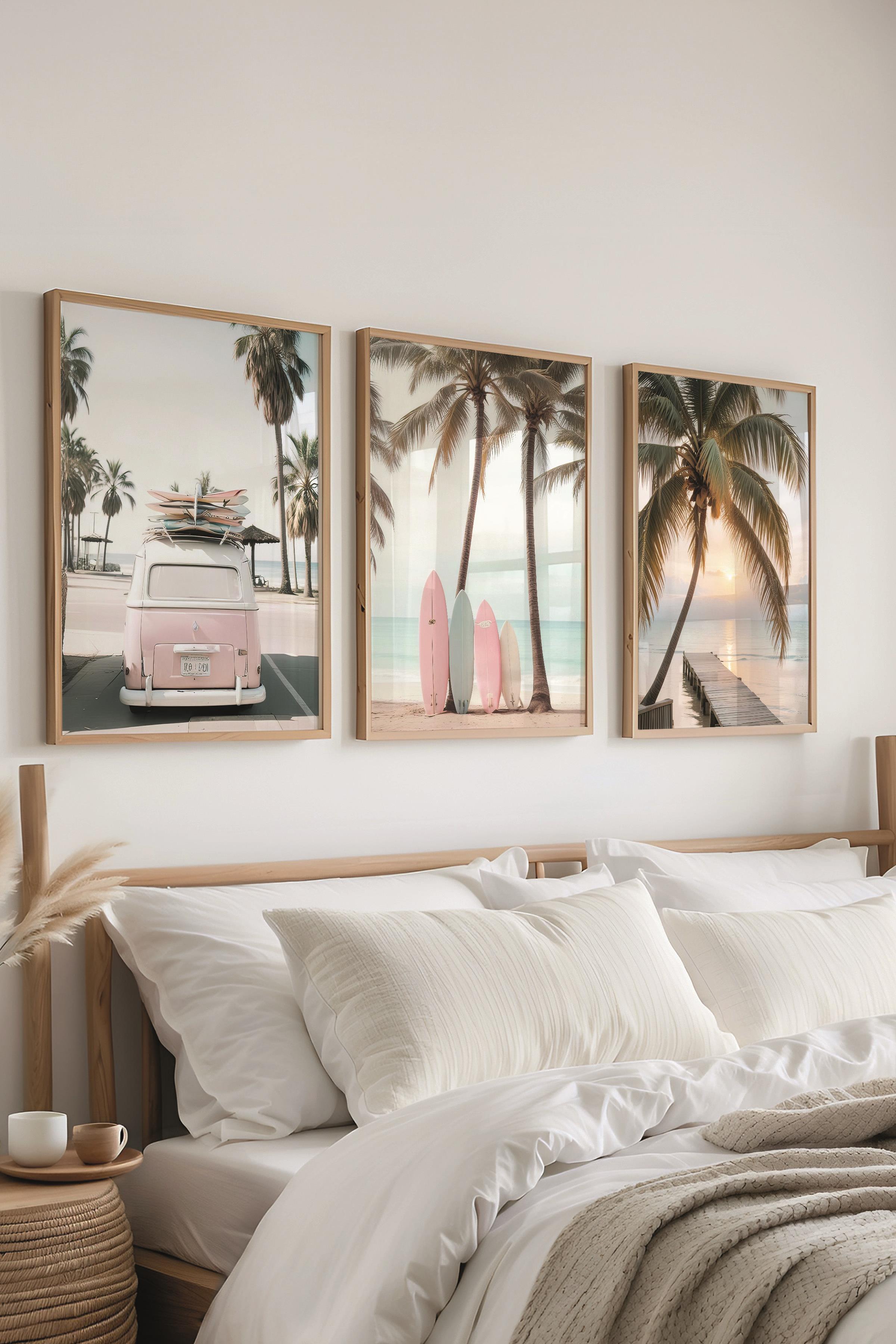 Ahşap Çerçeveli Tablo Seti, California Sahili Yaz Duvar Tablosu, 3 Adet Poster Seti, No:300692