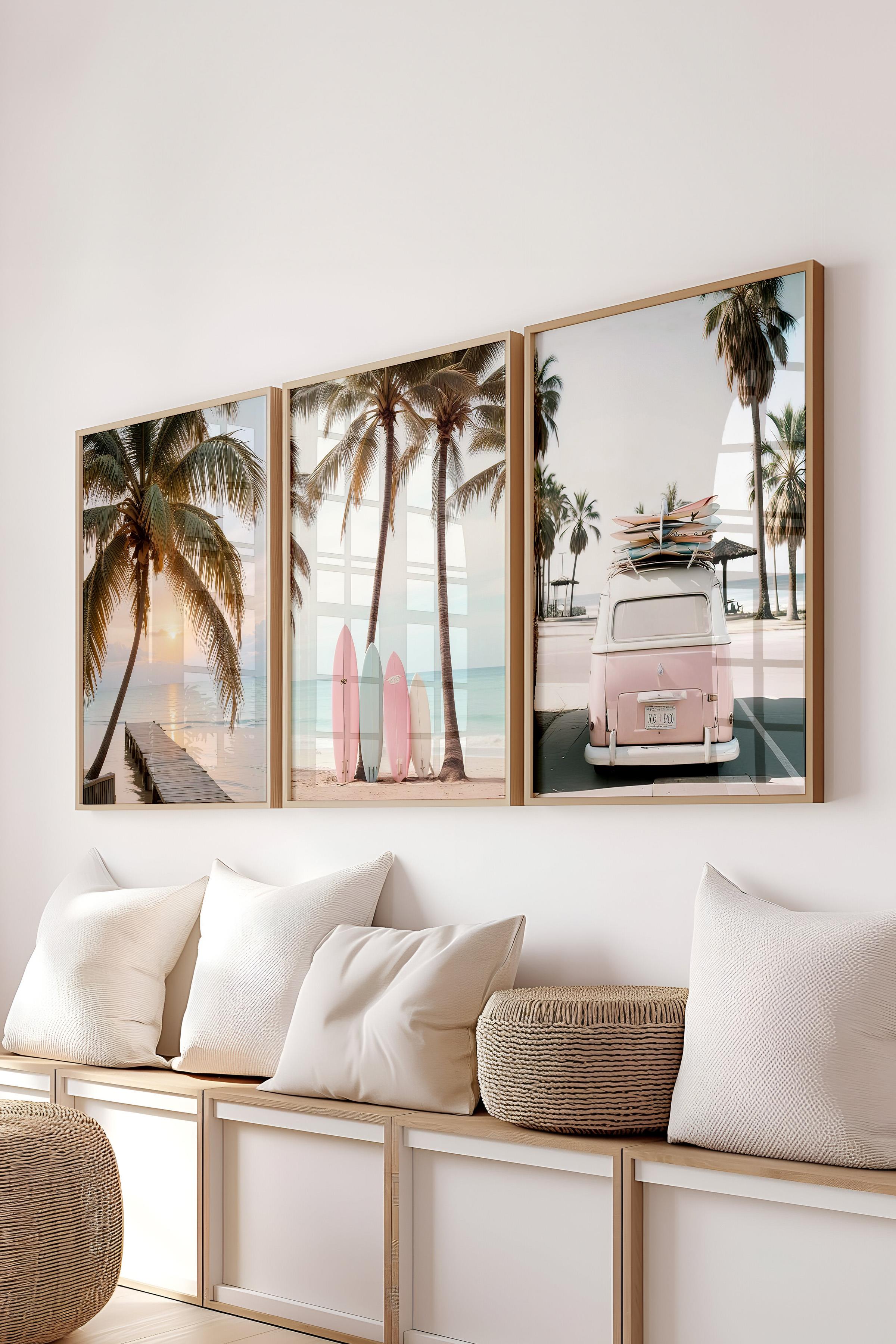 Ahşap Çerçeveli Tablo Seti, California Sahili Yaz Duvar Tablosu, 3 Adet Poster Seti, No:300692