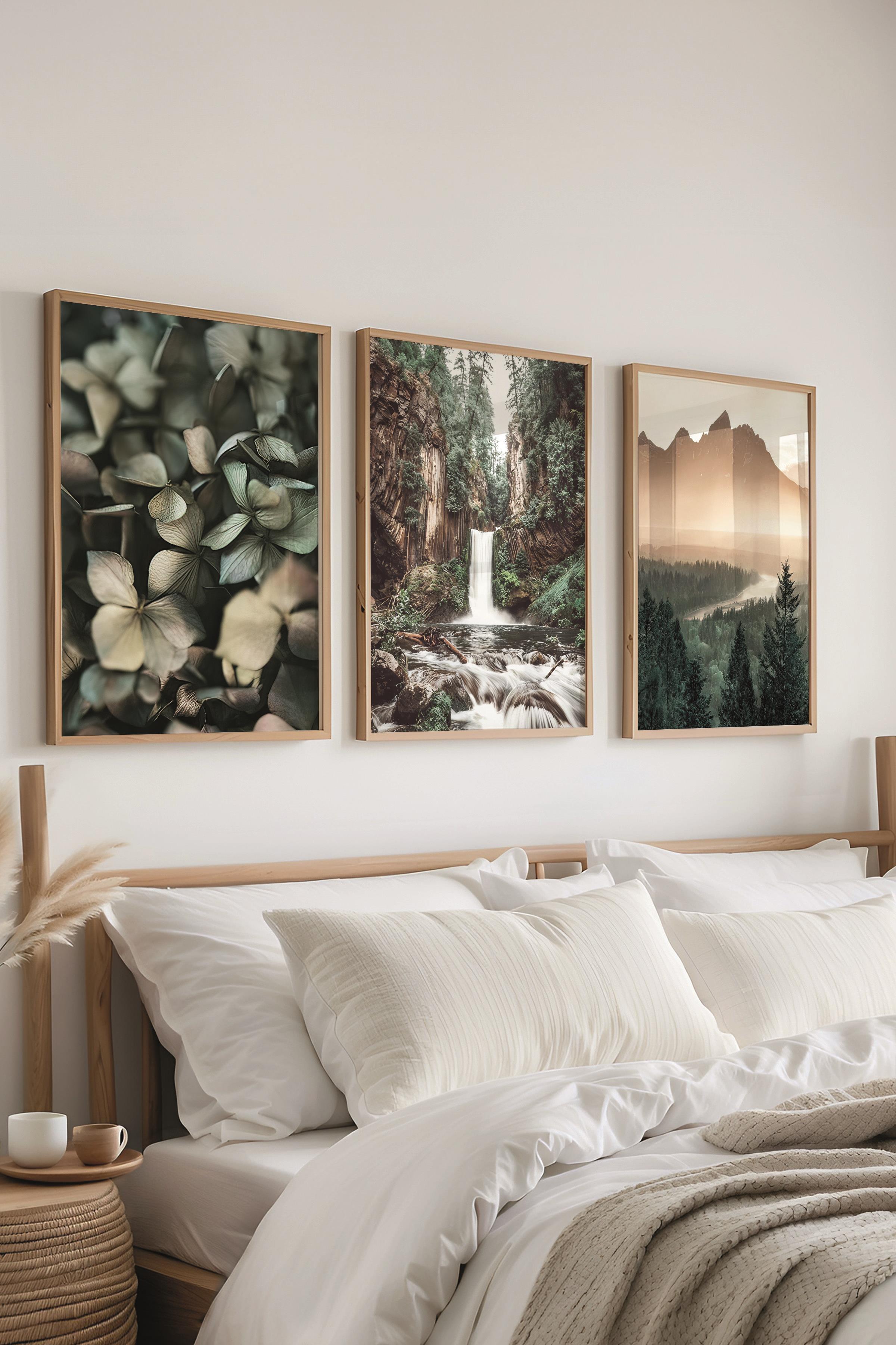 Ahşap Çerçeveli Tablo Seti, Dağ ve Orman Duvar Tablosu, 3 Adet Poster Seti, No:300724