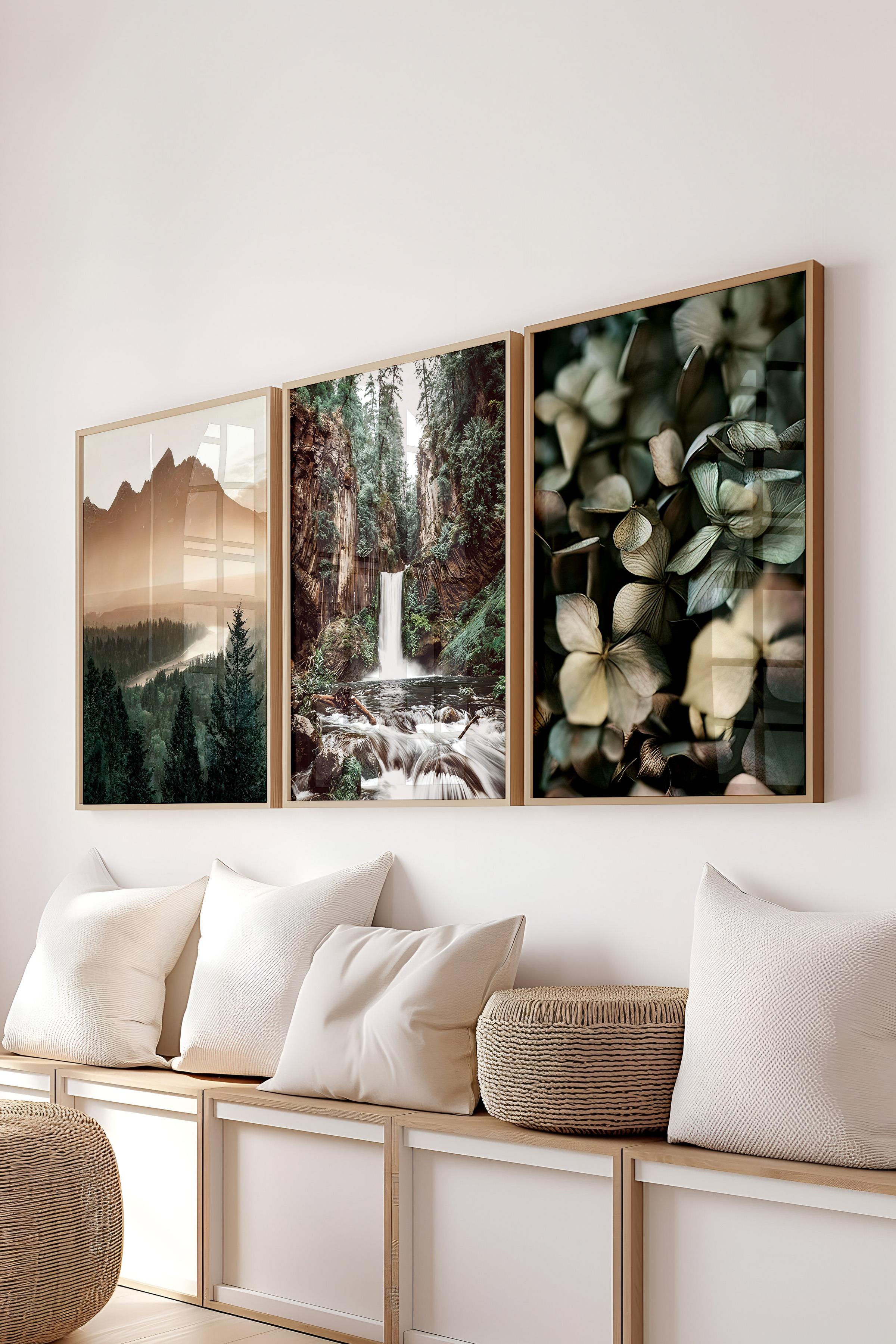 Ahşap Çerçeveli Tablo Seti, Dağ ve Orman Duvar Tablosu, 3 Adet Poster Seti, No:300724