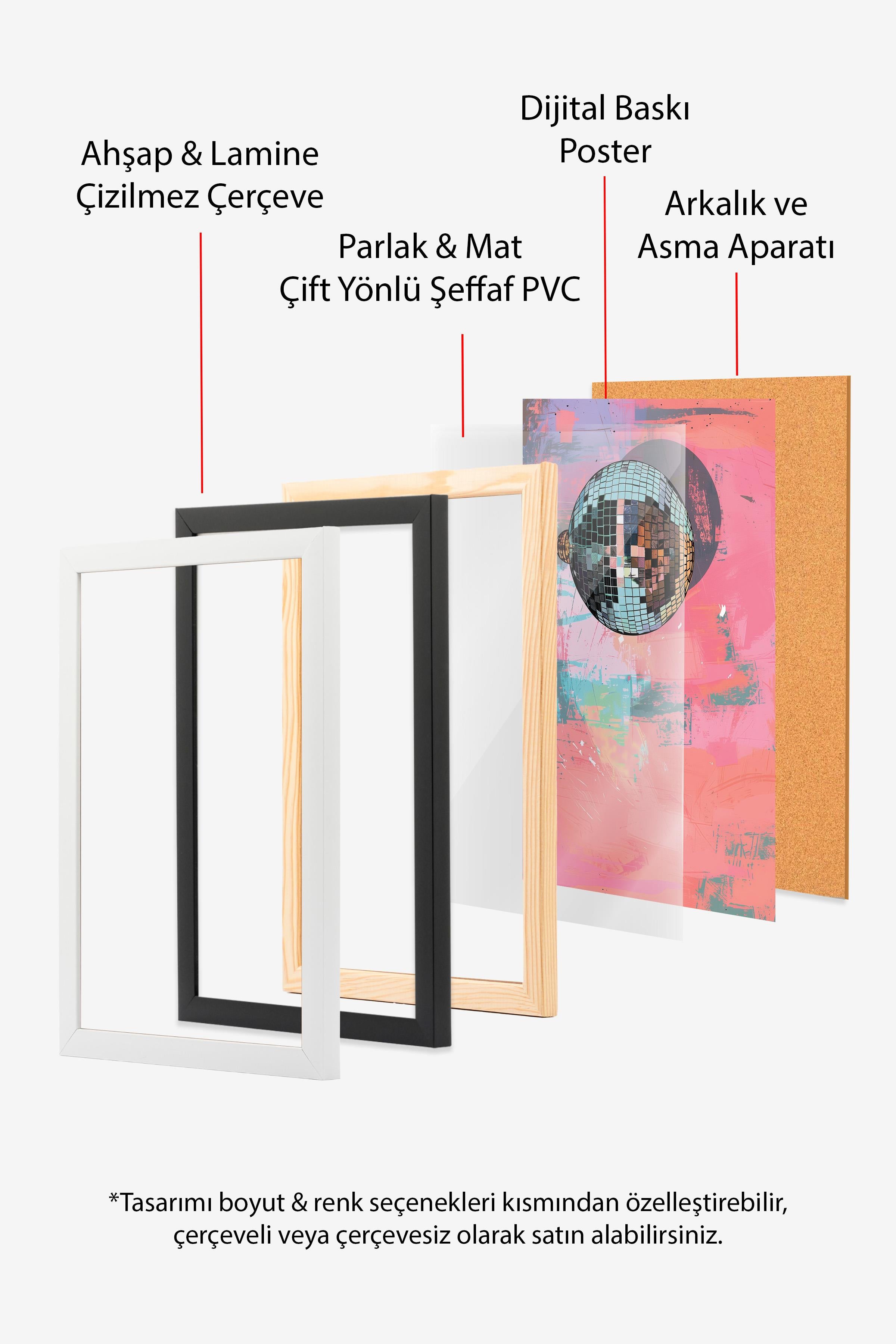 Ahşap Çerçeveli Tablo Seti, Disko Topu Maximalist Duvar Tablosu, 3 Adet Poster Seti, No:300789