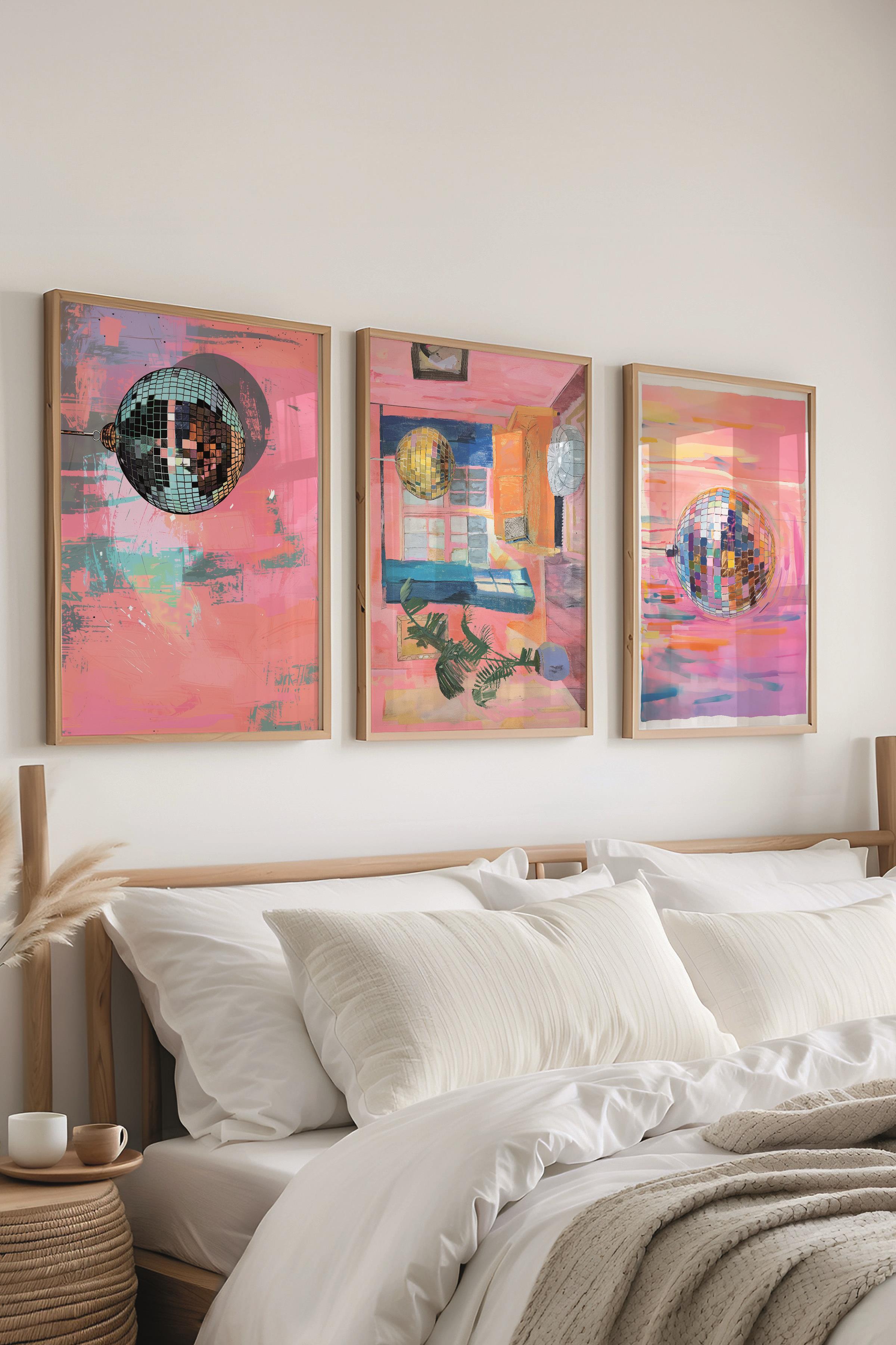 Ahşap Çerçeveli Tablo Seti, Disko Topu Maximalist Duvar Tablosu, 3 Adet Poster Seti, No:300789