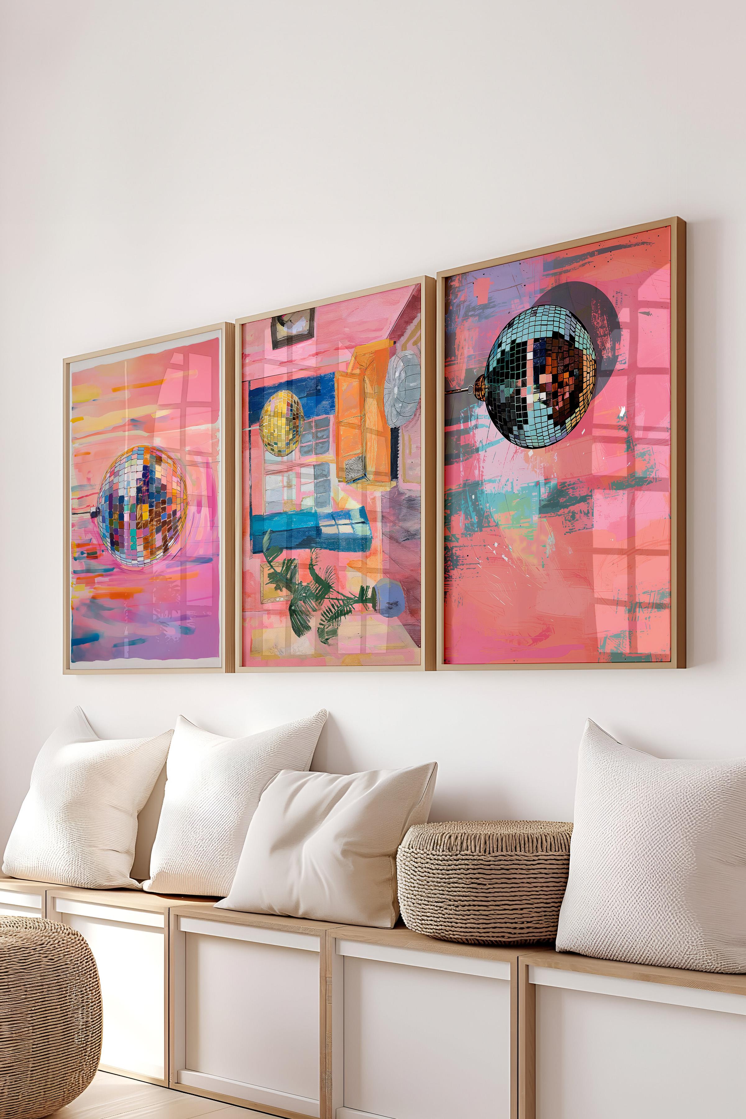 Ahşap Çerçeveli Tablo Seti, Disko Topu Maximalist Duvar Tablosu, 3 Adet Poster Seti, No:300789