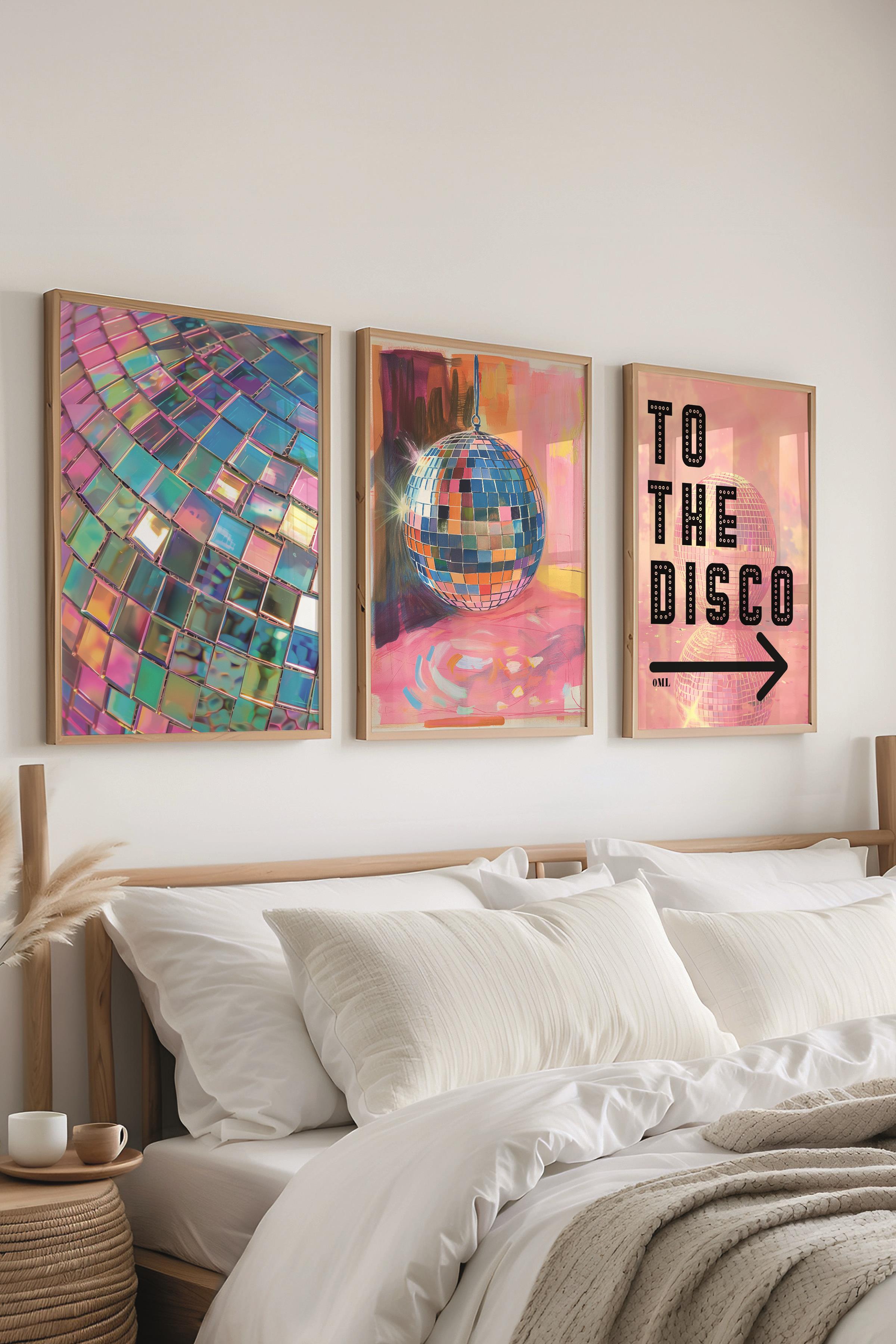 Ahşap Çerçeveli Tablo Seti, Disko Topu Maximalist Duvar Tablosu, 3 Adet Poster Seti, No:300790