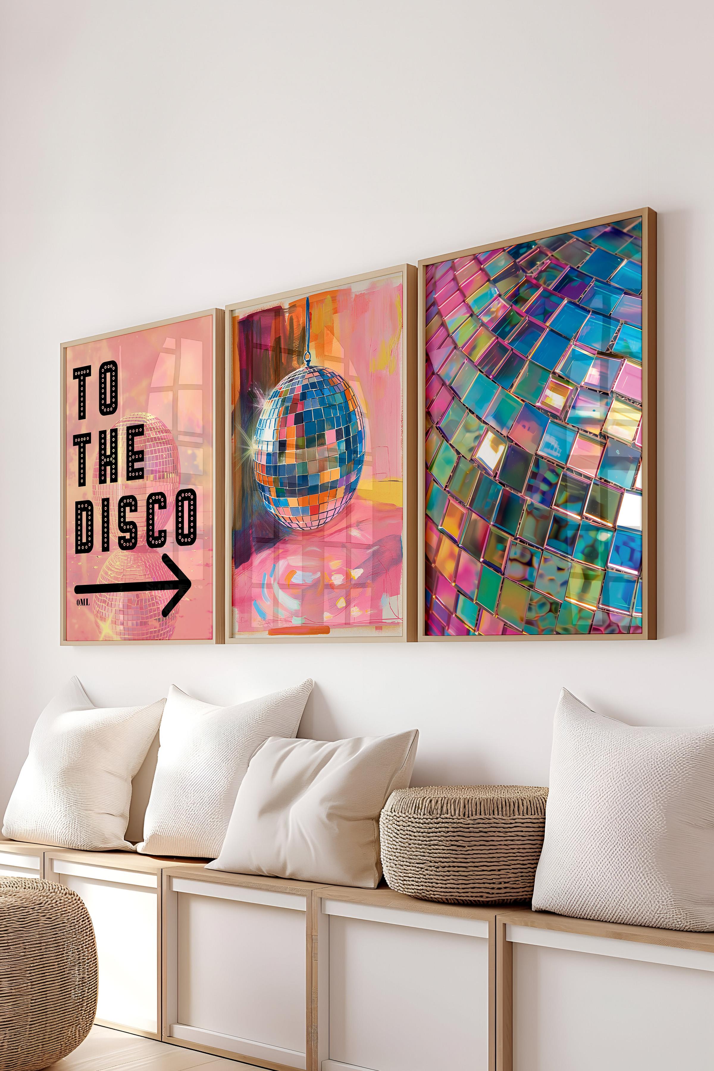 Ahşap Çerçeveli Tablo Seti, Disko Topu Maximalist Duvar Tablosu, 3 Adet Poster Seti, No:300790
