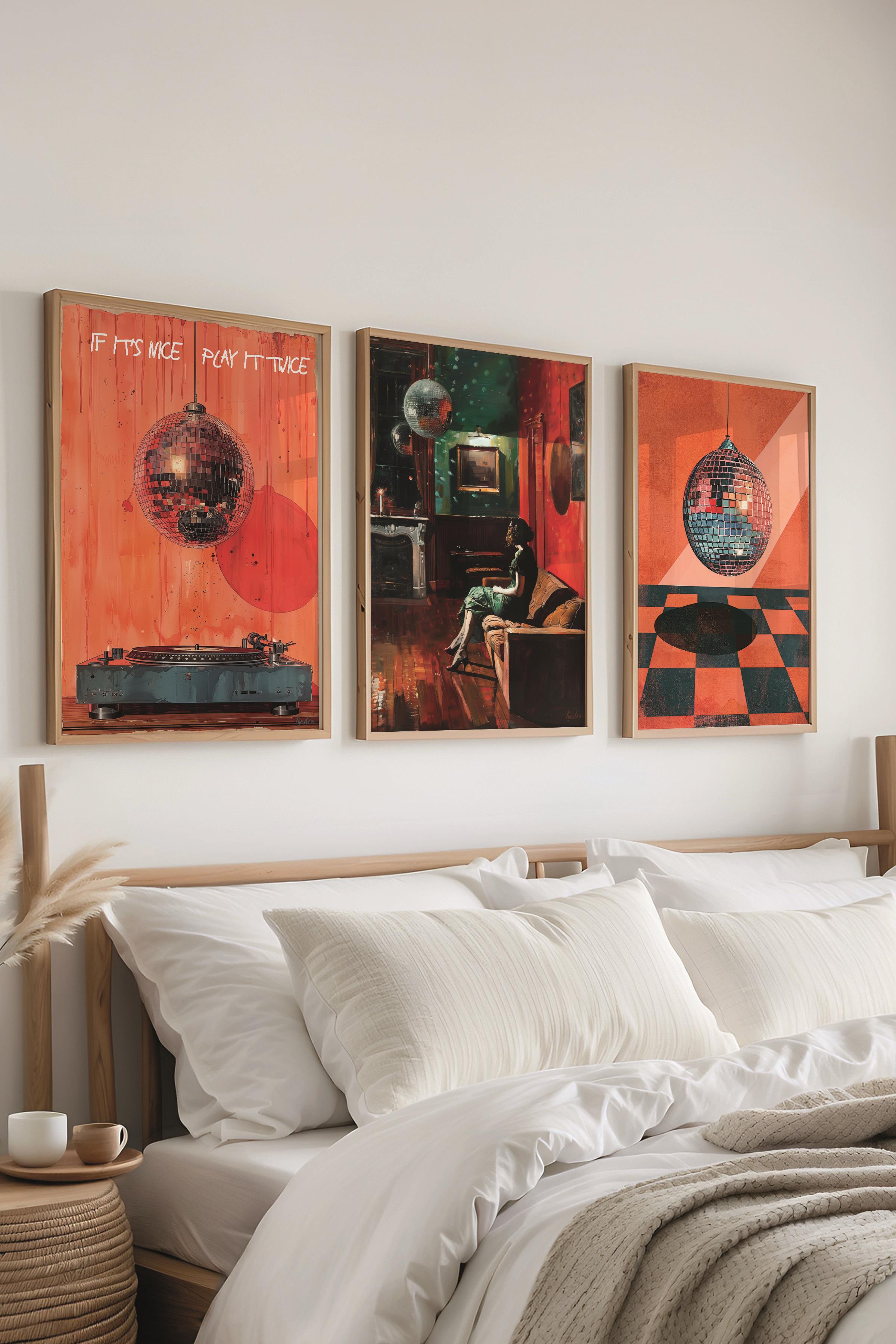 Ahşap Çerçeveli Tablo Seti, Disko Topu Maximalist Duvar Tablosu, 3 Adet Poster Seti, No:300791