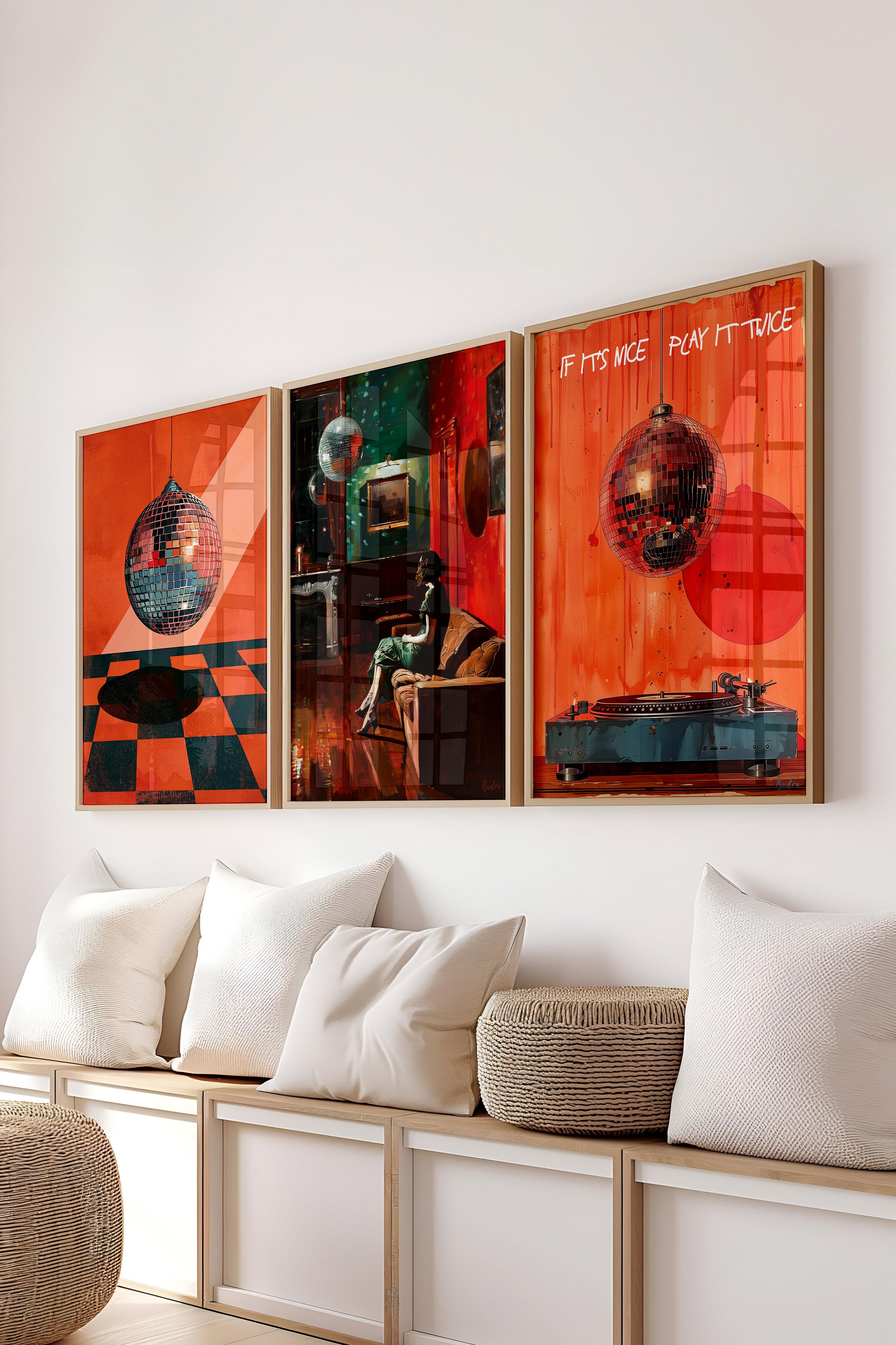 Ahşap Çerçeveli Tablo Seti, Disko Topu Maximalist Duvar Tablosu, 3 Adet Poster Seti, No:300791