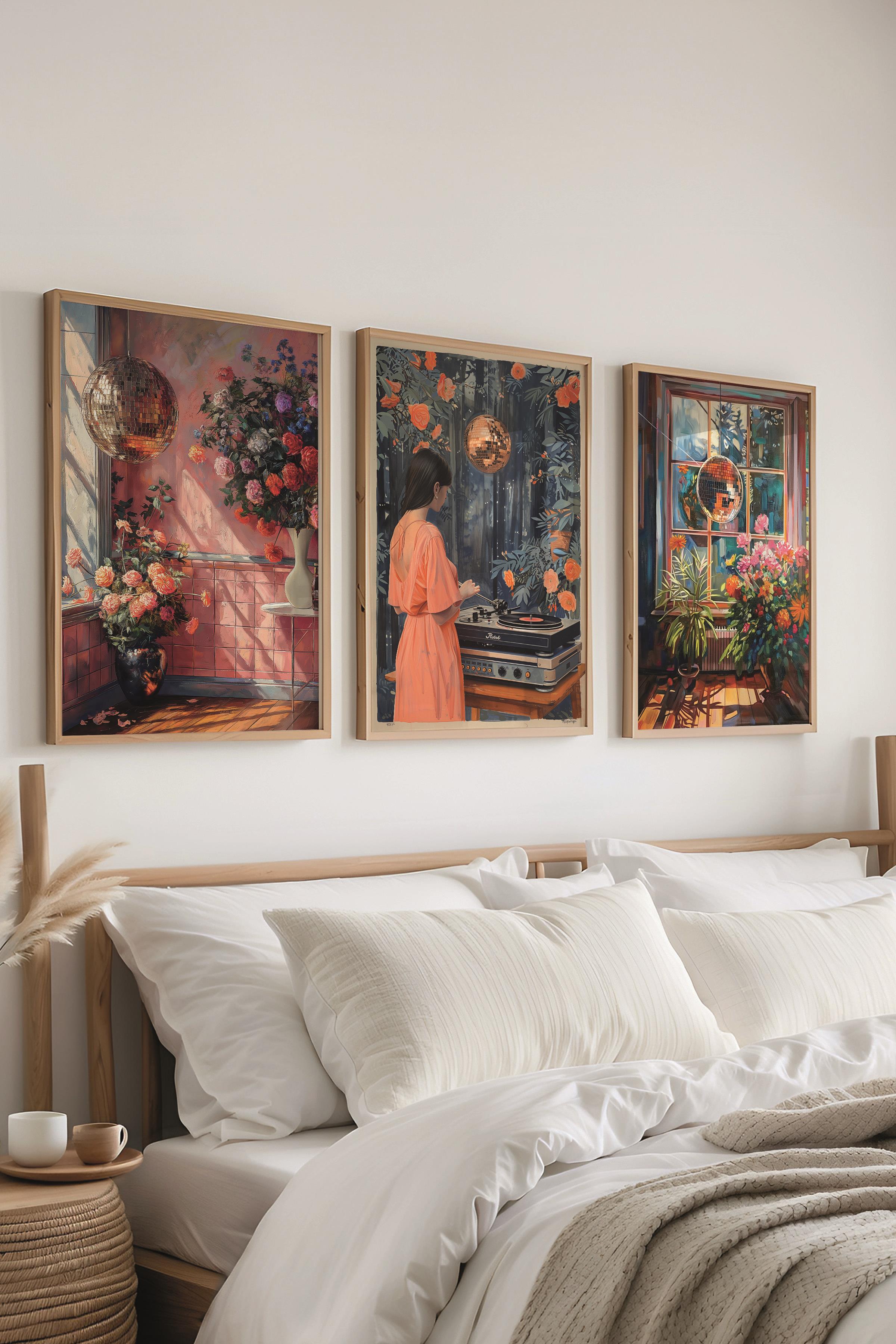 Ahşap Çerçeveli Tablo Seti, Disko Topu Maximalist Duvar Tablosu, 3 Adet Poster Seti, No:300792