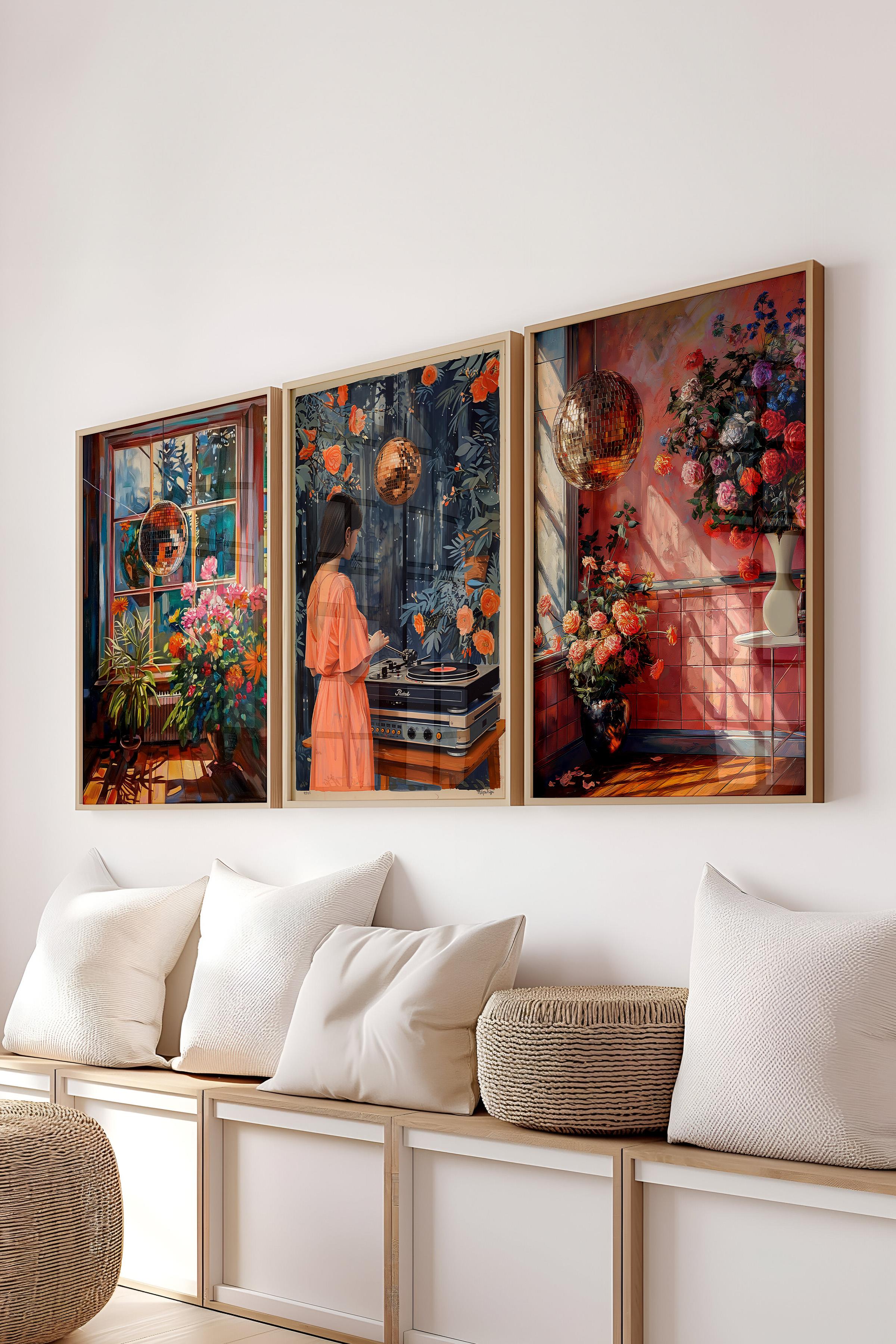 Ahşap Çerçeveli Tablo Seti, Disko Topu Maximalist Duvar Tablosu, 3 Adet Poster Seti, No:300792