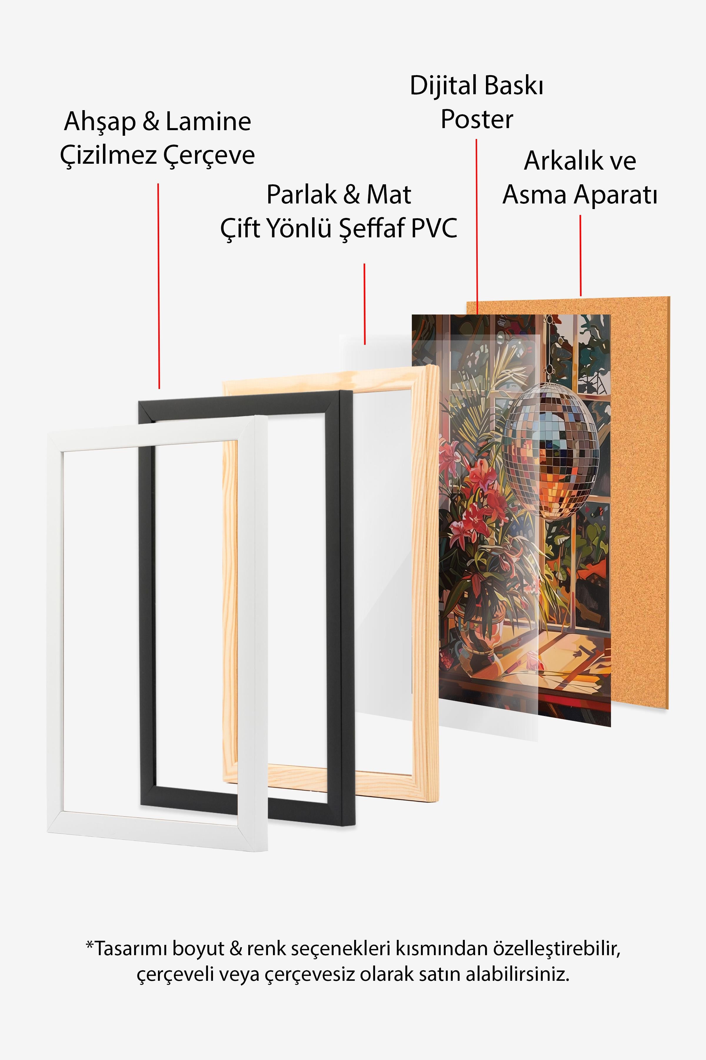 Ahşap Çerçeveli Tablo Seti, Disko Topu Maximalist Duvar Tablosu, 3 Adet Poster Seti, No:300793