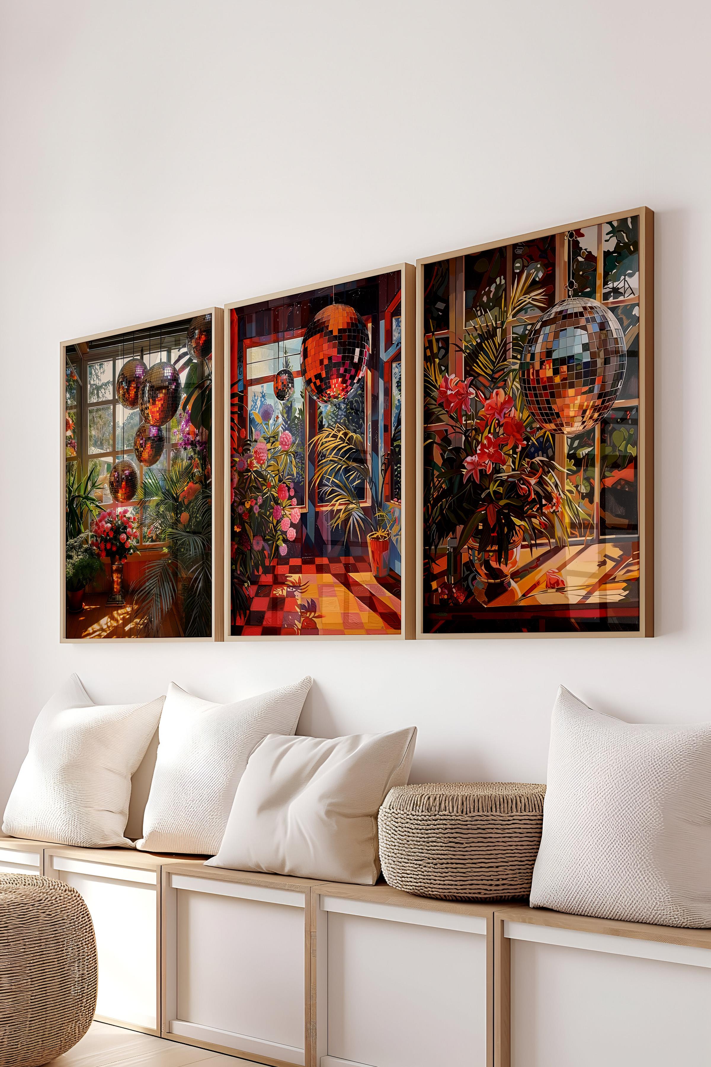 Ahşap Çerçeveli Tablo Seti, Disko Topu Maximalist Duvar Tablosu, 3 Adet Poster Seti, No:300793