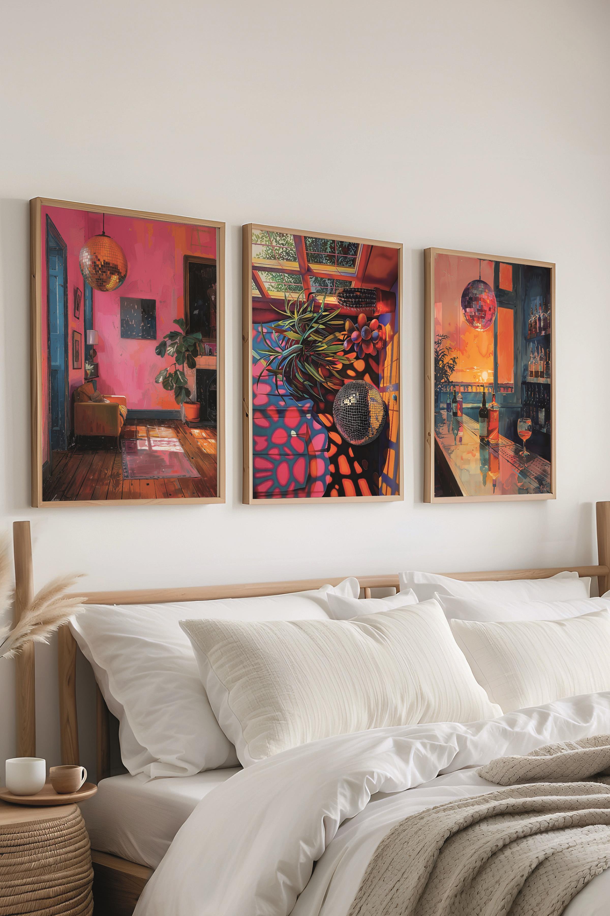 Ahşap Çerçeveli Tablo Seti, Disko Topu Maximalist Duvar Tablosu, 3 Adet Poster Seti, No:300794