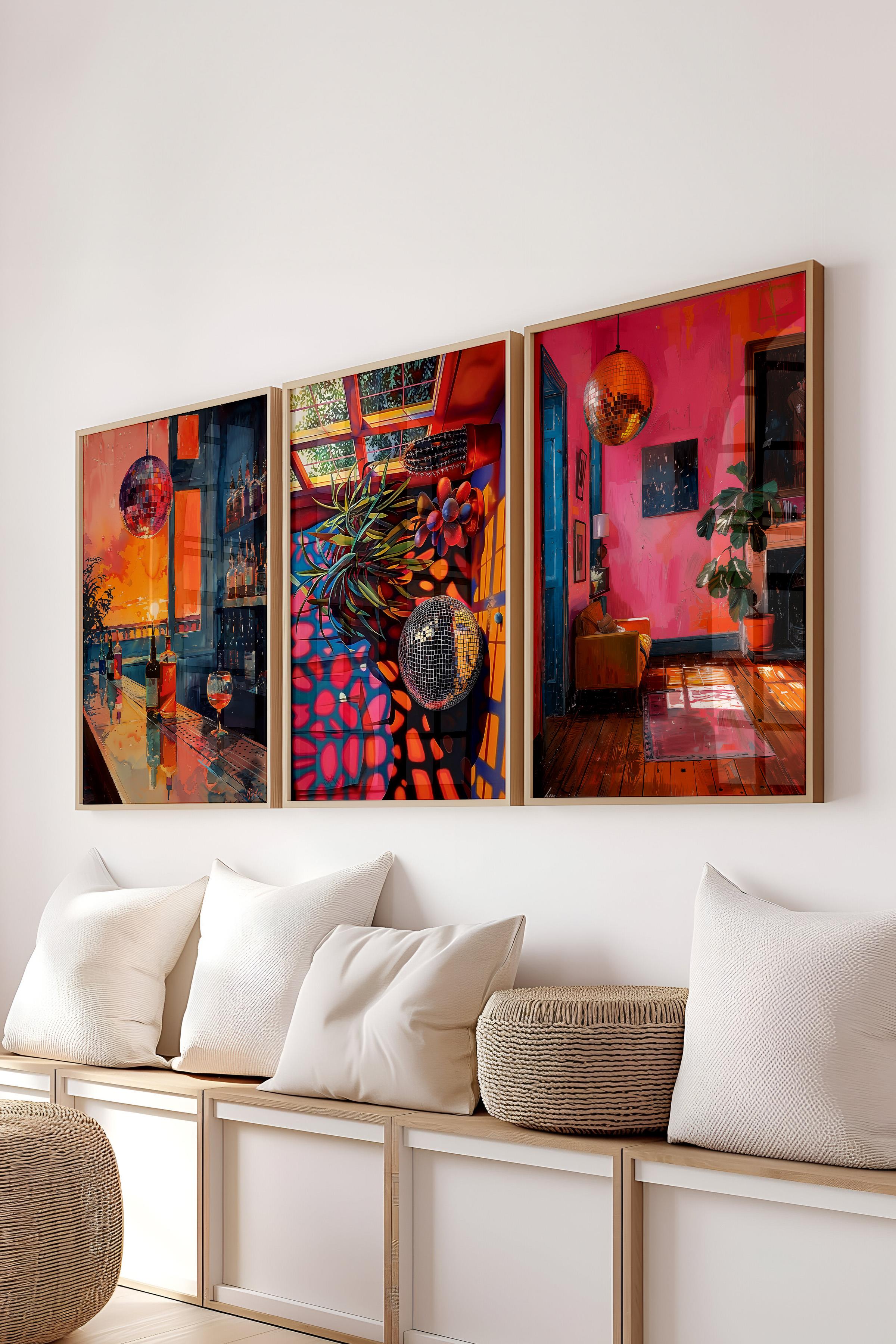 Ahşap Çerçeveli Tablo Seti, Disko Topu Maximalist Duvar Tablosu, 3 Adet Poster Seti, No:300794
