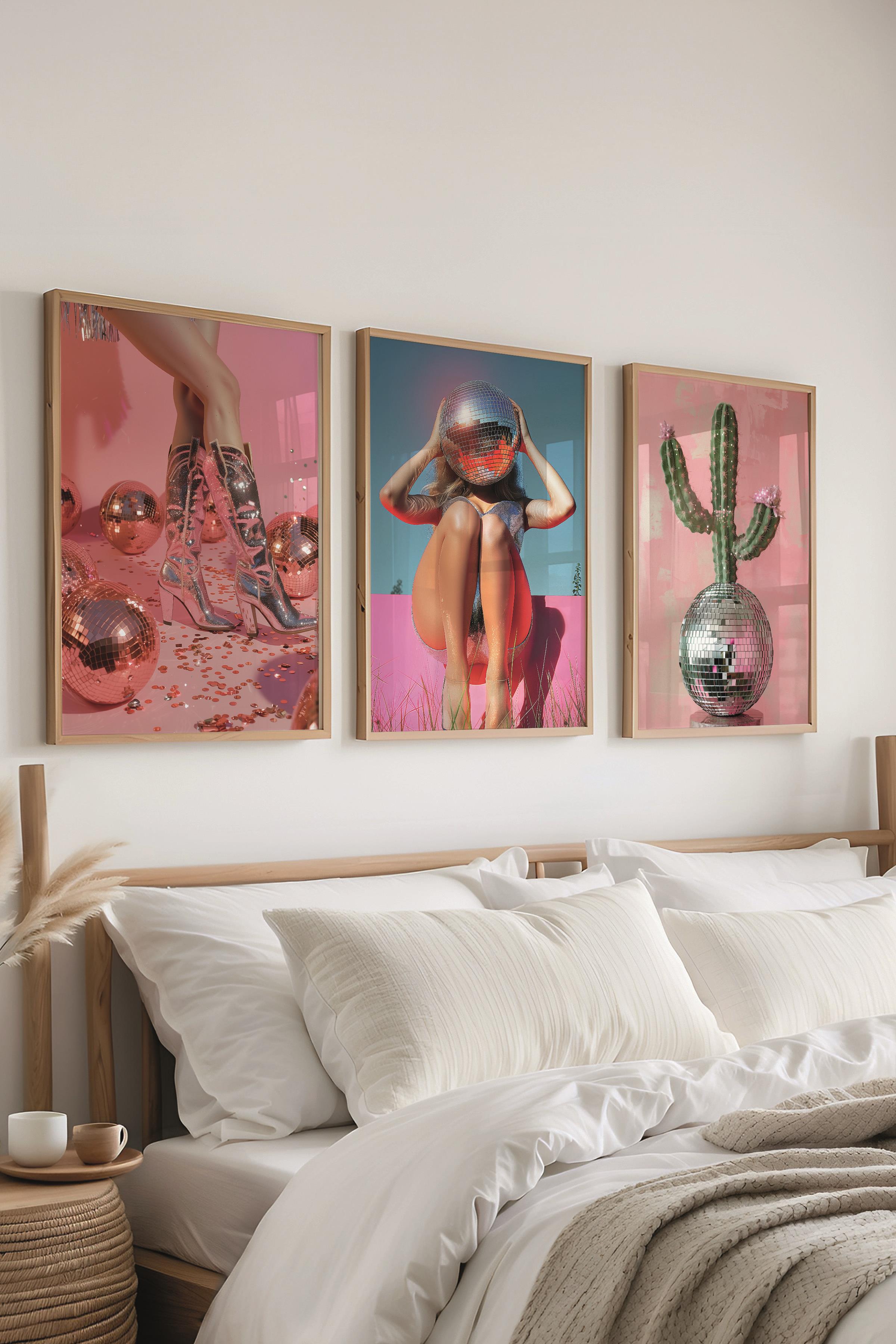 Ahşap Çerçeveli Tablo Seti, Disko Topu Maximalist Duvar Tablosu, 3 Adet Poster Seti, No:300795