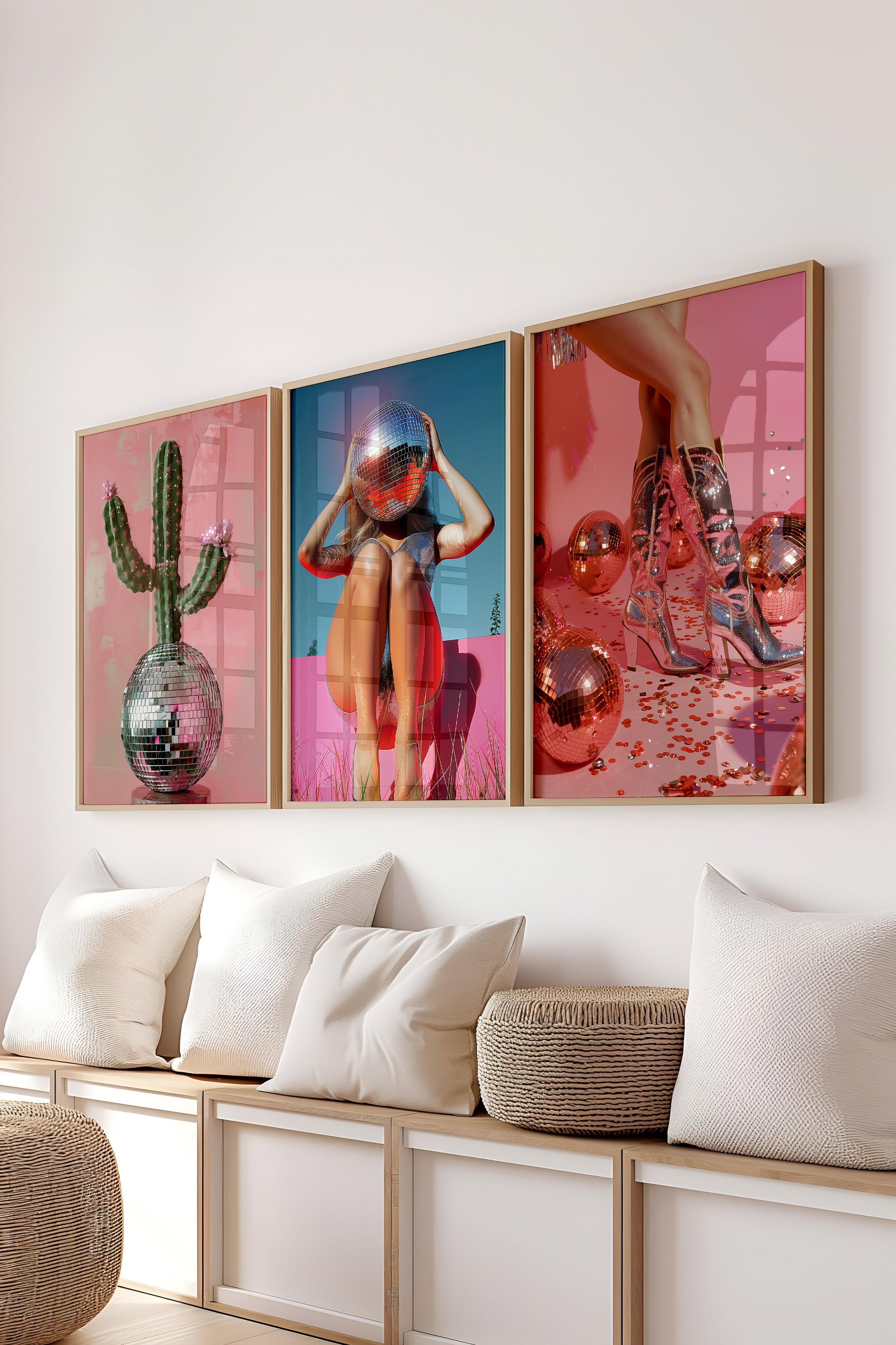 Ahşap Çerçeveli Tablo Seti, Disko Topu Maximalist Duvar Tablosu, 3 Adet Poster Seti, No:300795