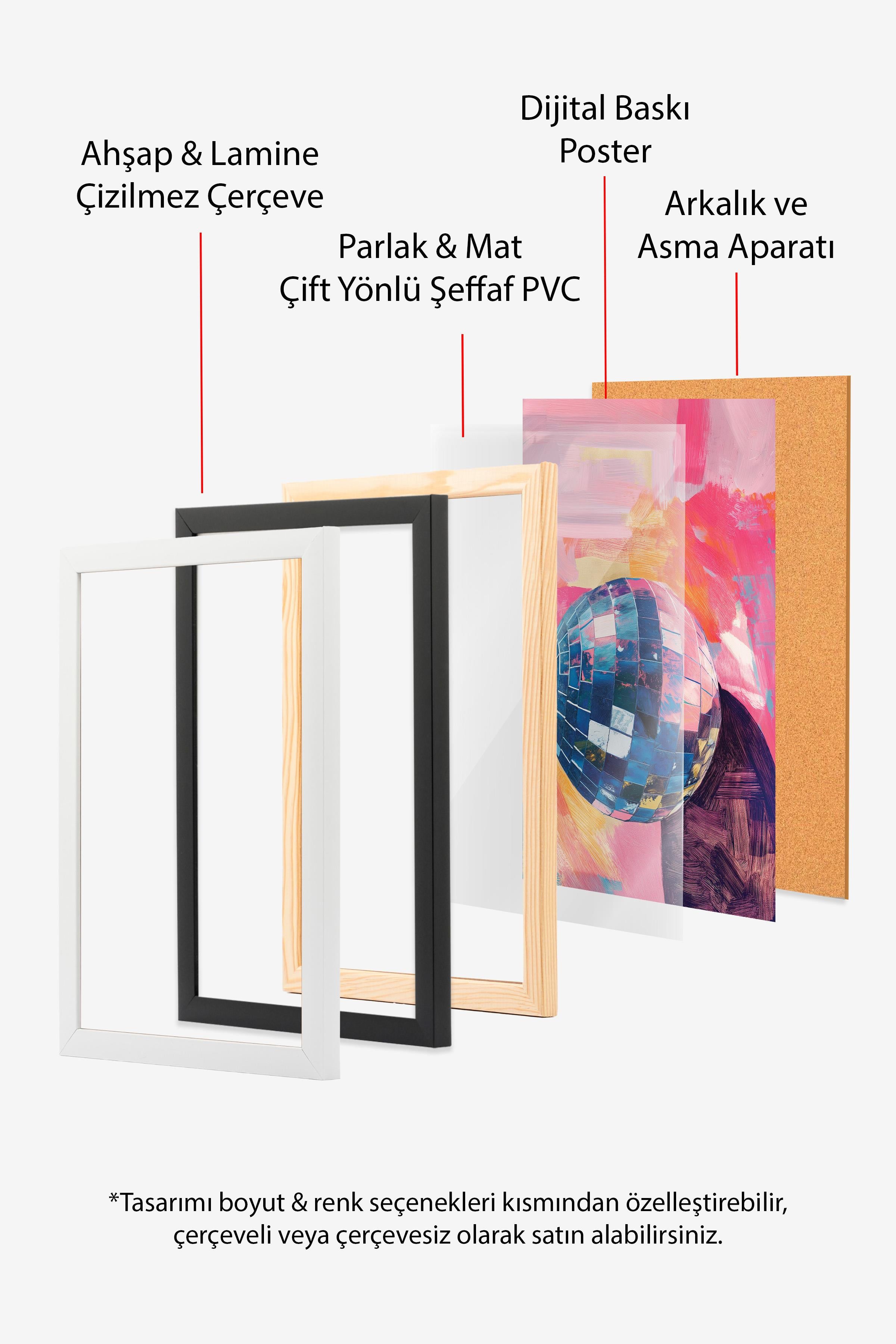 Ahşap Çerçeveli Tablo Seti, Disko Topu Maximalist Duvar Tablosu, 3 Adet Poster Seti, No:300796